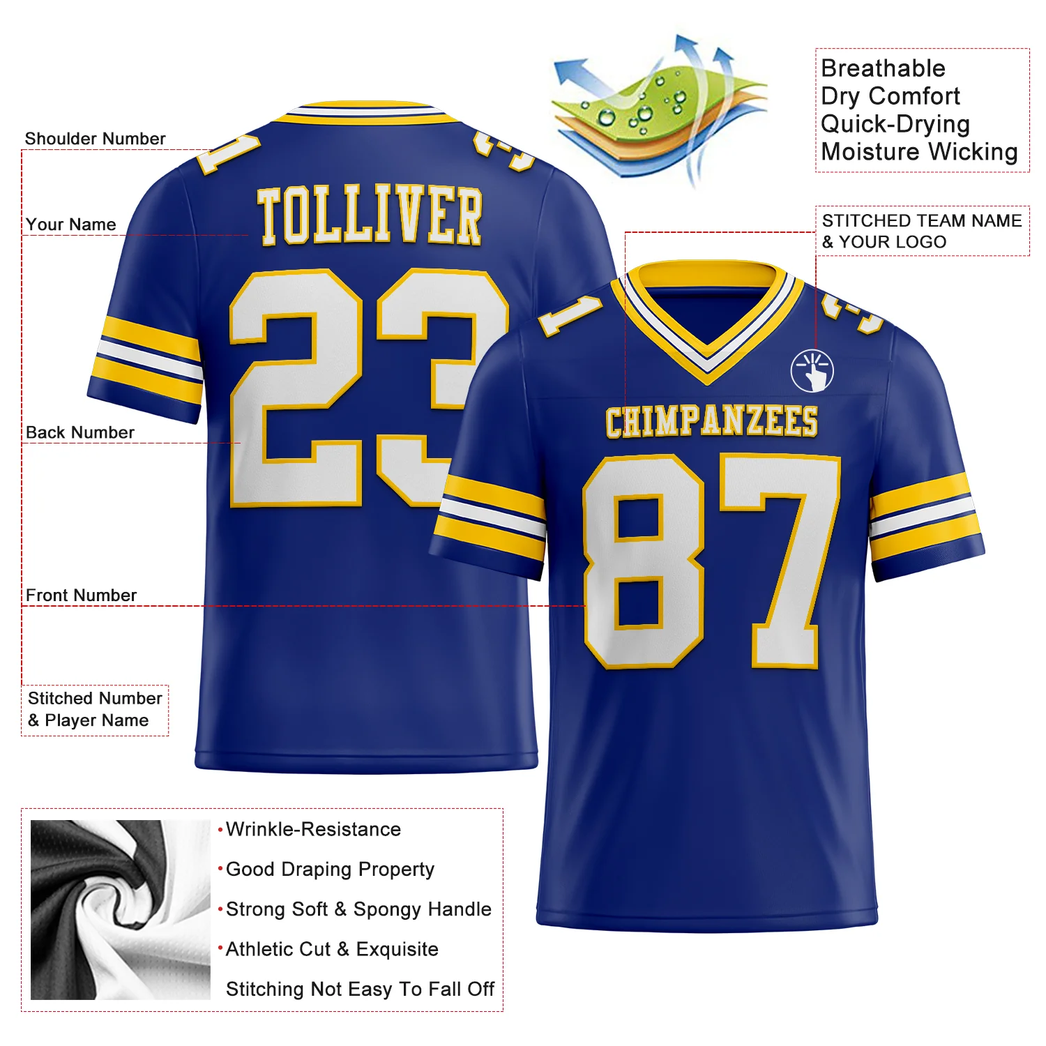 Custom Royal White-Yellow Authentic Football Jersey