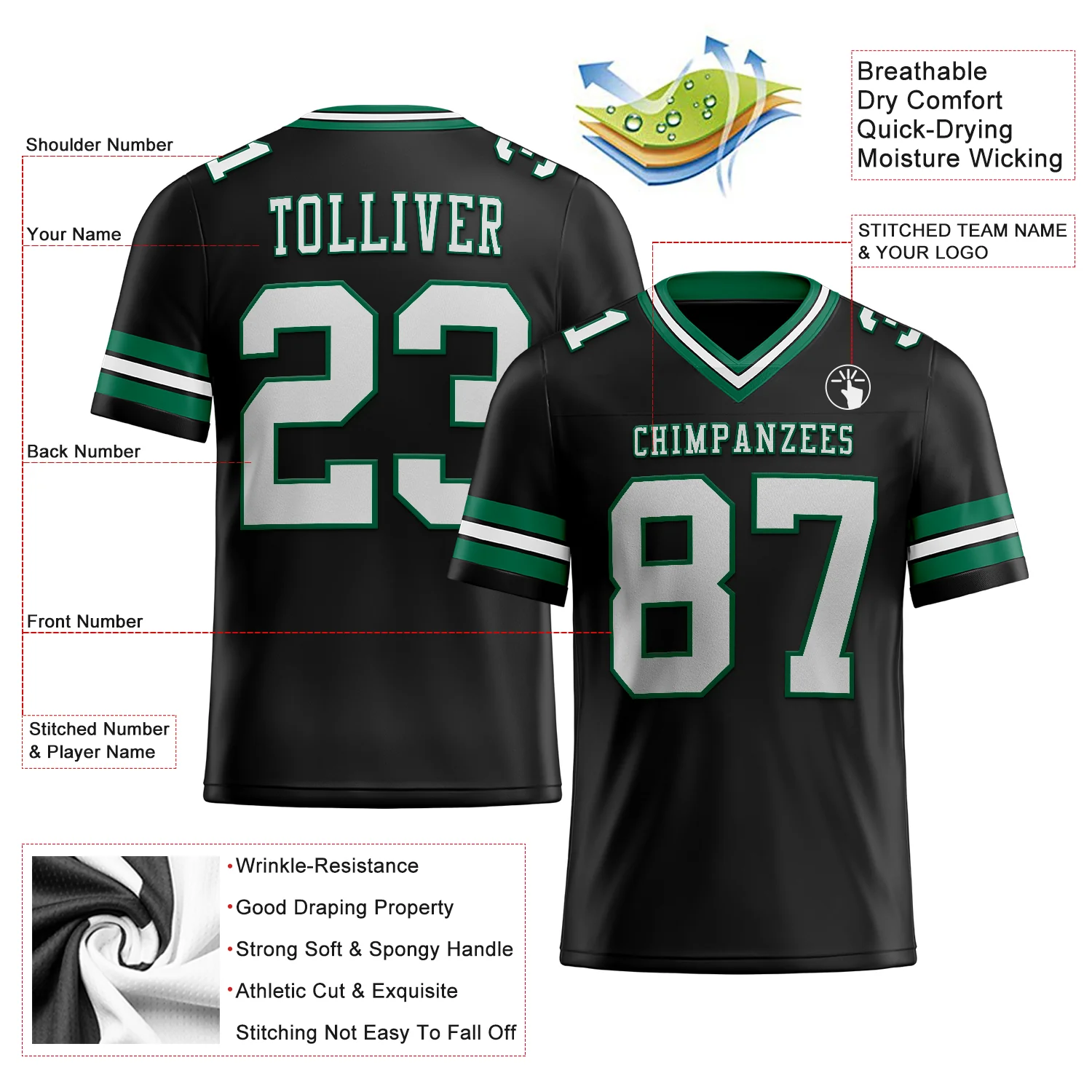 Custom Black White-Kelly Green Authentic Football Jersey