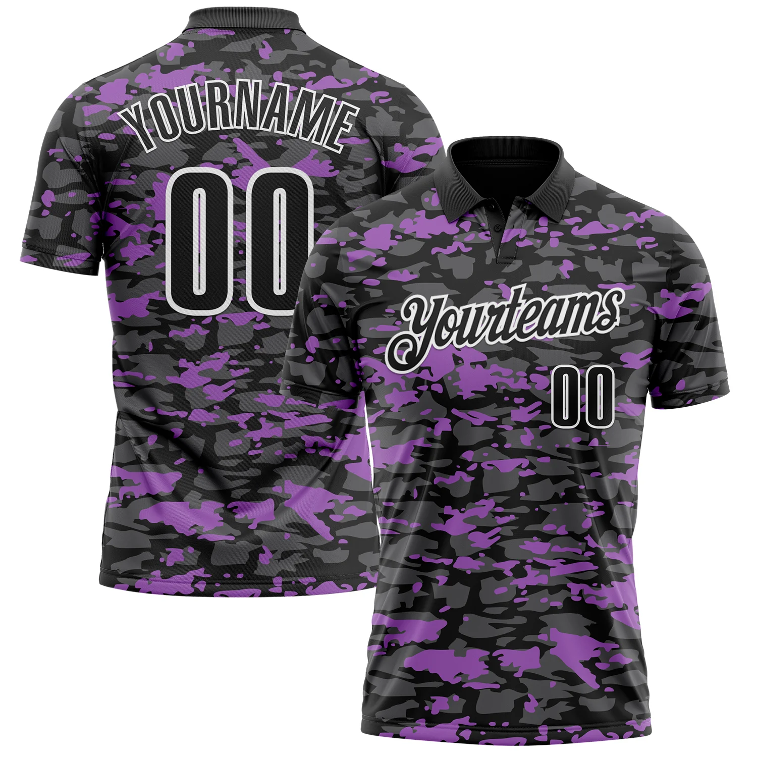 Custom Black Steel Gray Medium Purple-White 3D Pattern Design Splash Performance Polo Shirt