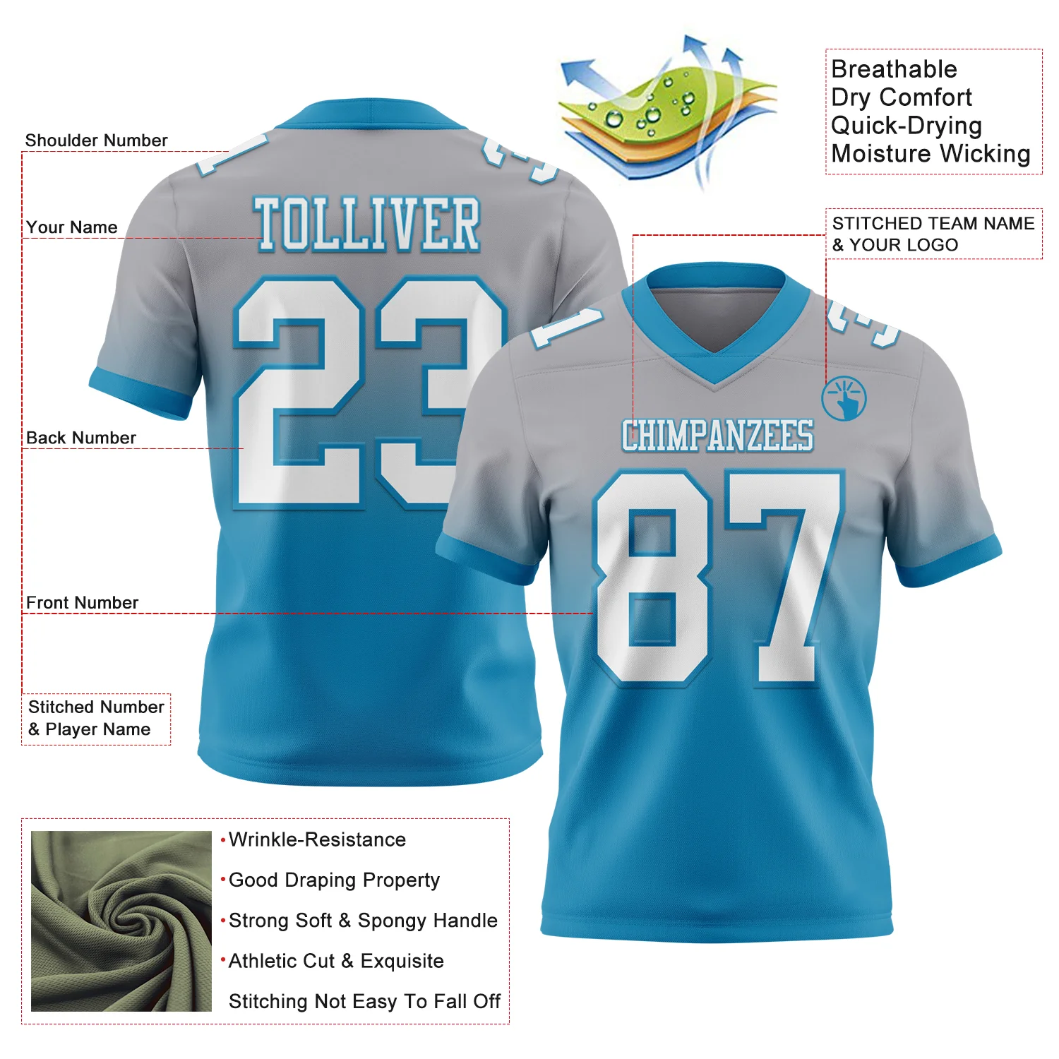 Custom Gray White-Panther Blue Authentic Fade Fashion Football Jersey