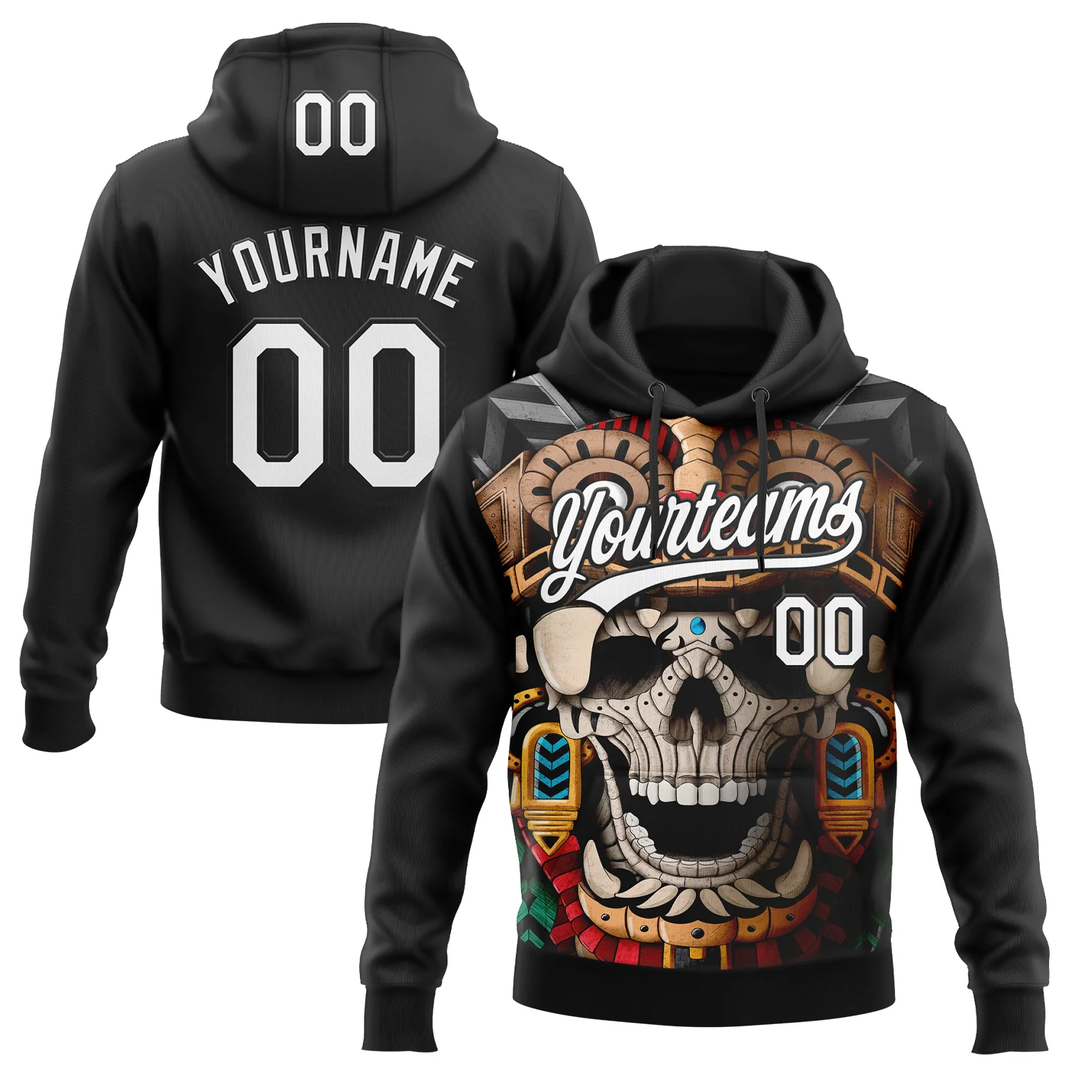 Custom Stitched Black White 3D Skull Pattern Pullover Sweatshirt Hoodie