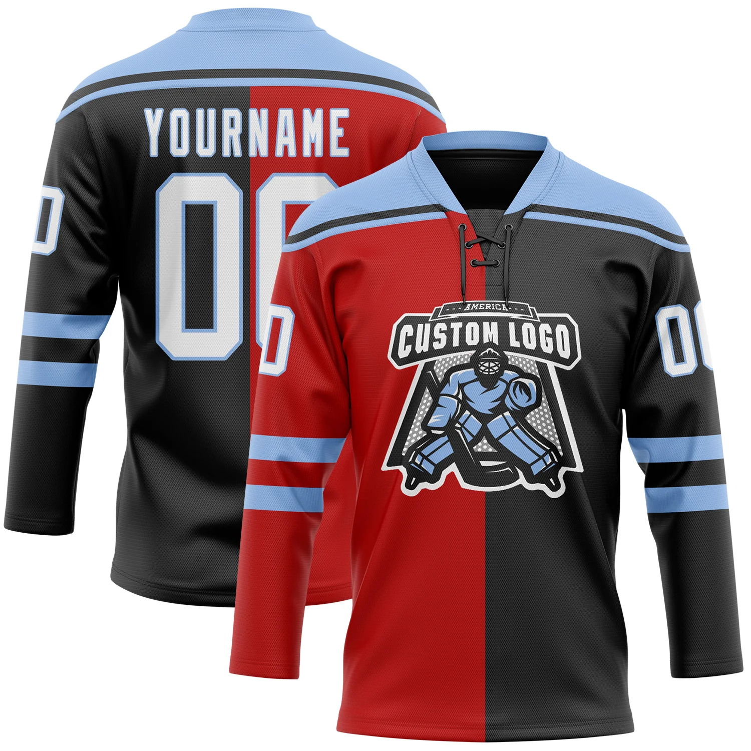 Custom Black White Red-Light Blue Split Fashion Hockey Lace Neck Jersey