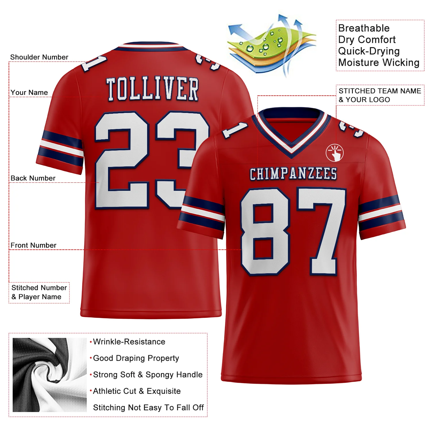 Custom Red White-Navy Authentic Football Jersey