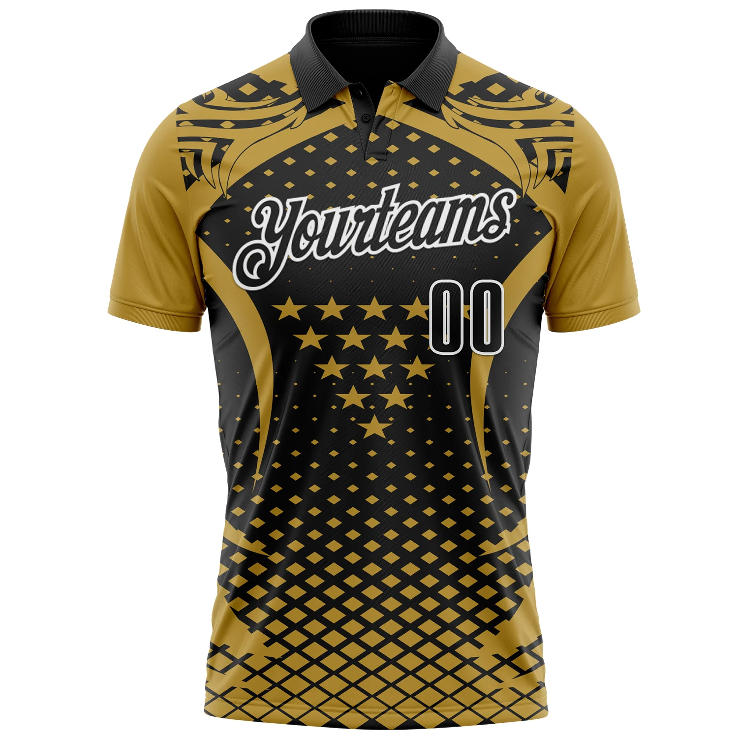 Custom Old Gold Black-White 3D Pattern Design Star And Geometric Shapes Performance Polo Shirt