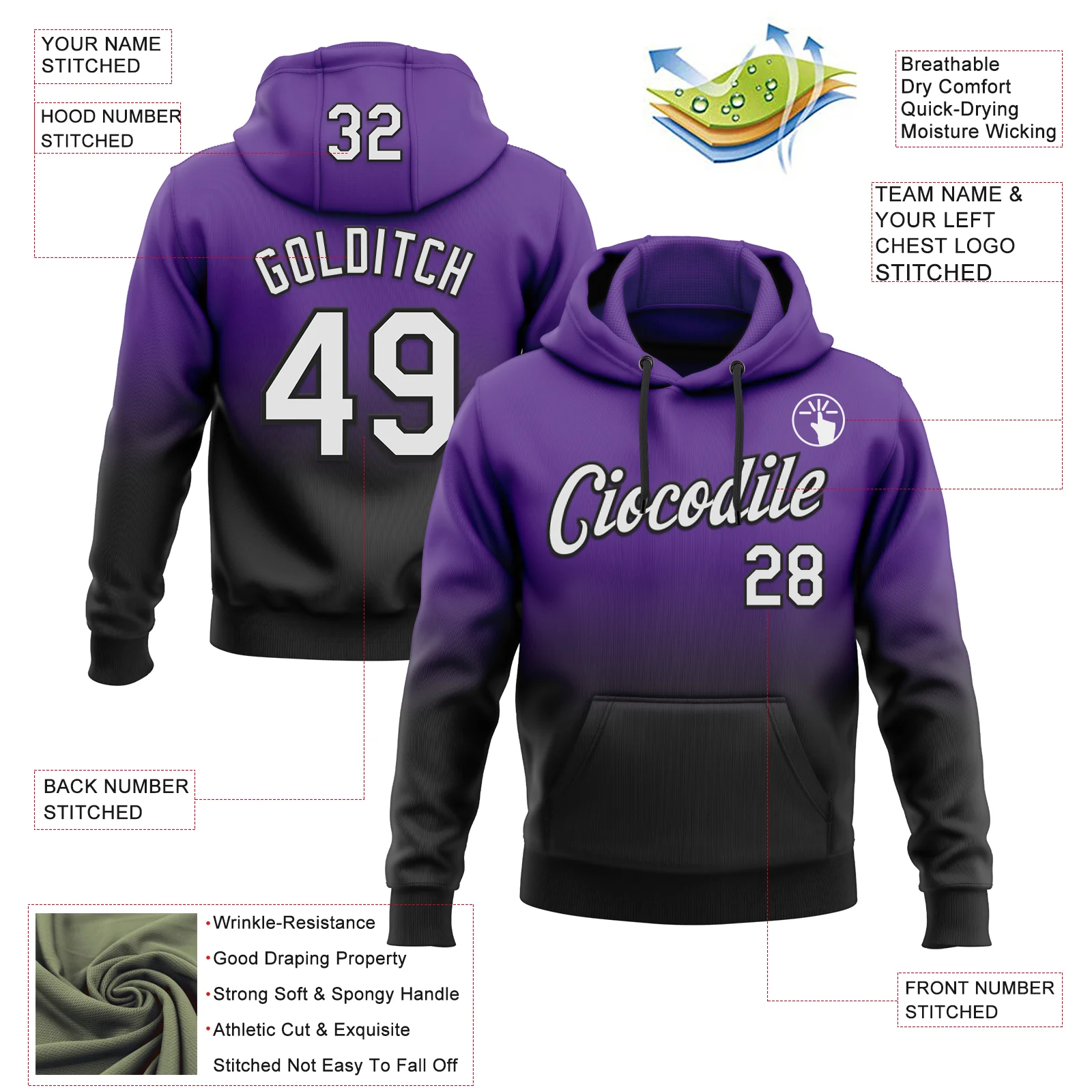 Custom Stitched Purple White-Black Fade Fashion Sports Pullover Sweatshirt Hoodie