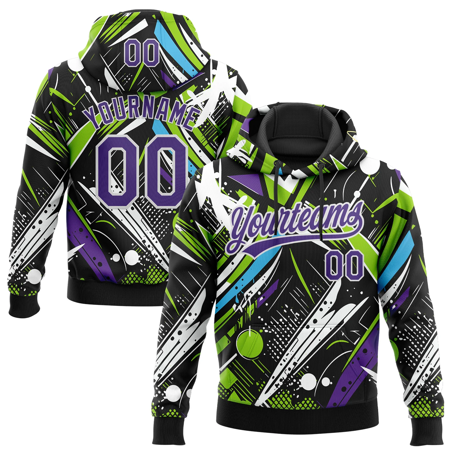 Custom Stitched Graffiti Pattern Purple-White 3D Abstract Splatter Sports Pullover Sweatshirt Hoodie