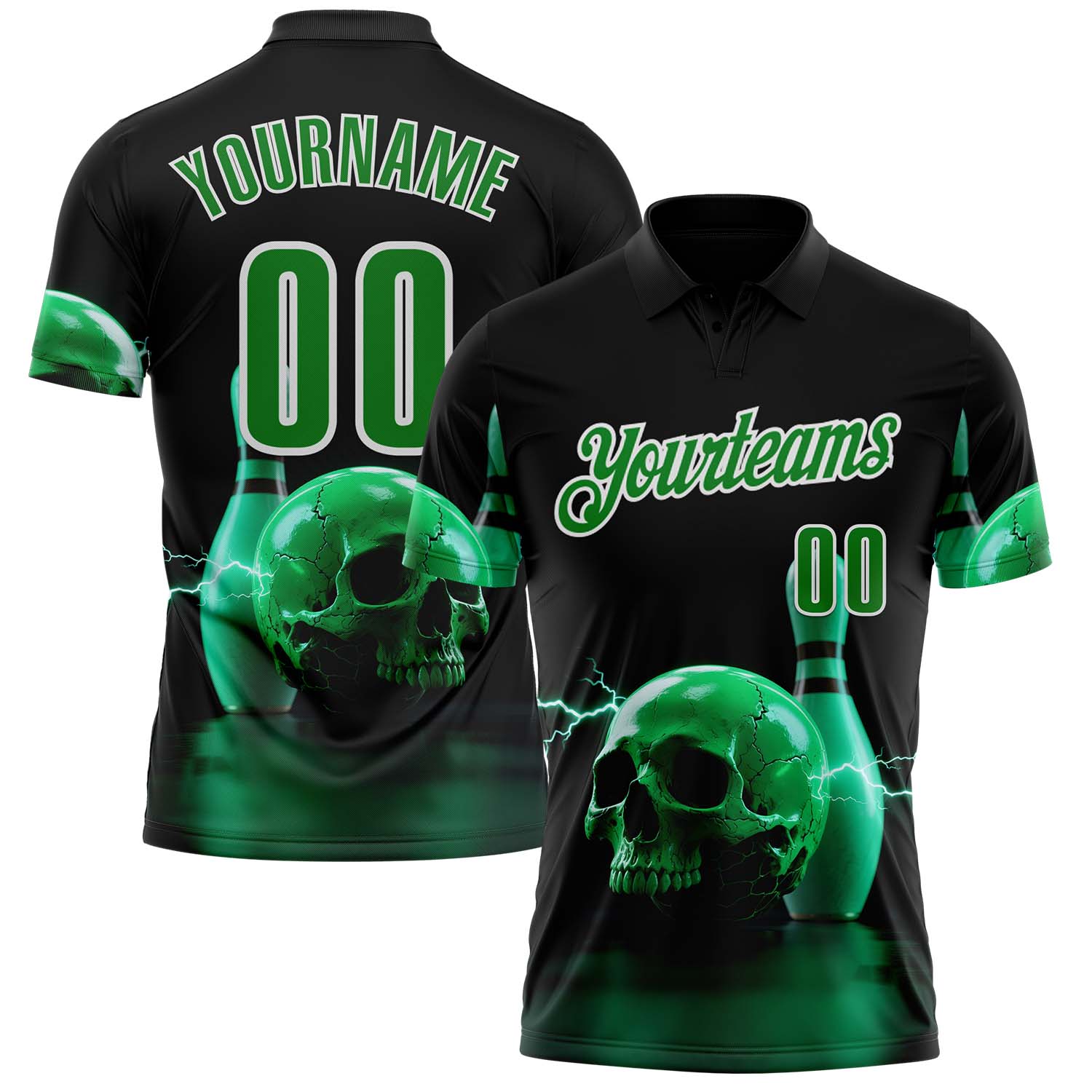 Custom Black Grass Green-White 3D Lightning Skull Bowling Performance Polo Shirt
