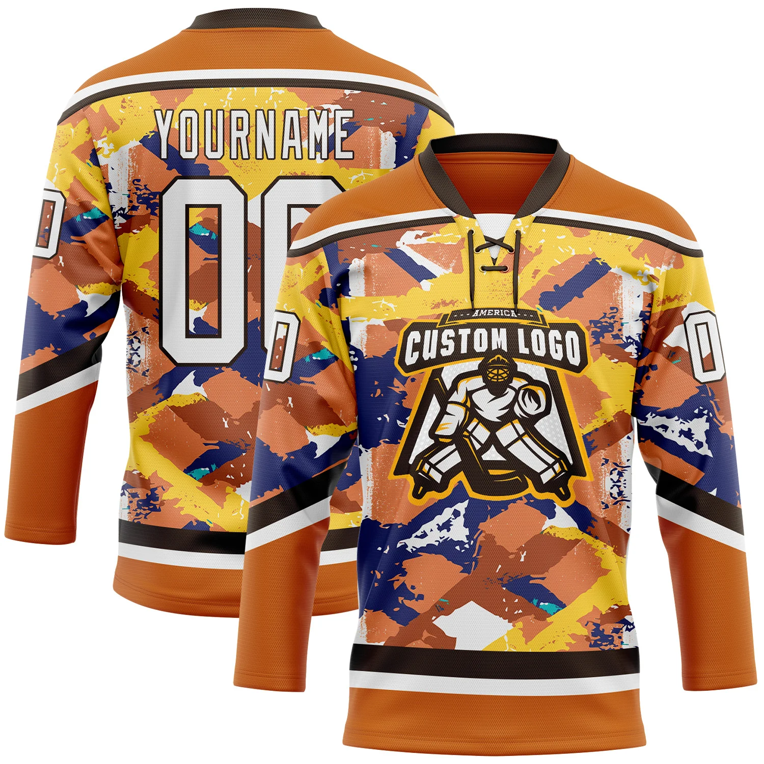 Custom Texas Orange White Yellow Blue-Brown 3D Pattern Tribal Indigenous Grunge Splash Hockey Lace Neck Jersey