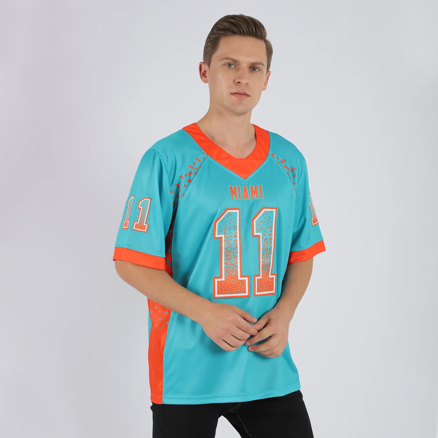 Custom Aqua Orange-White Drift Fashion Football Jersey