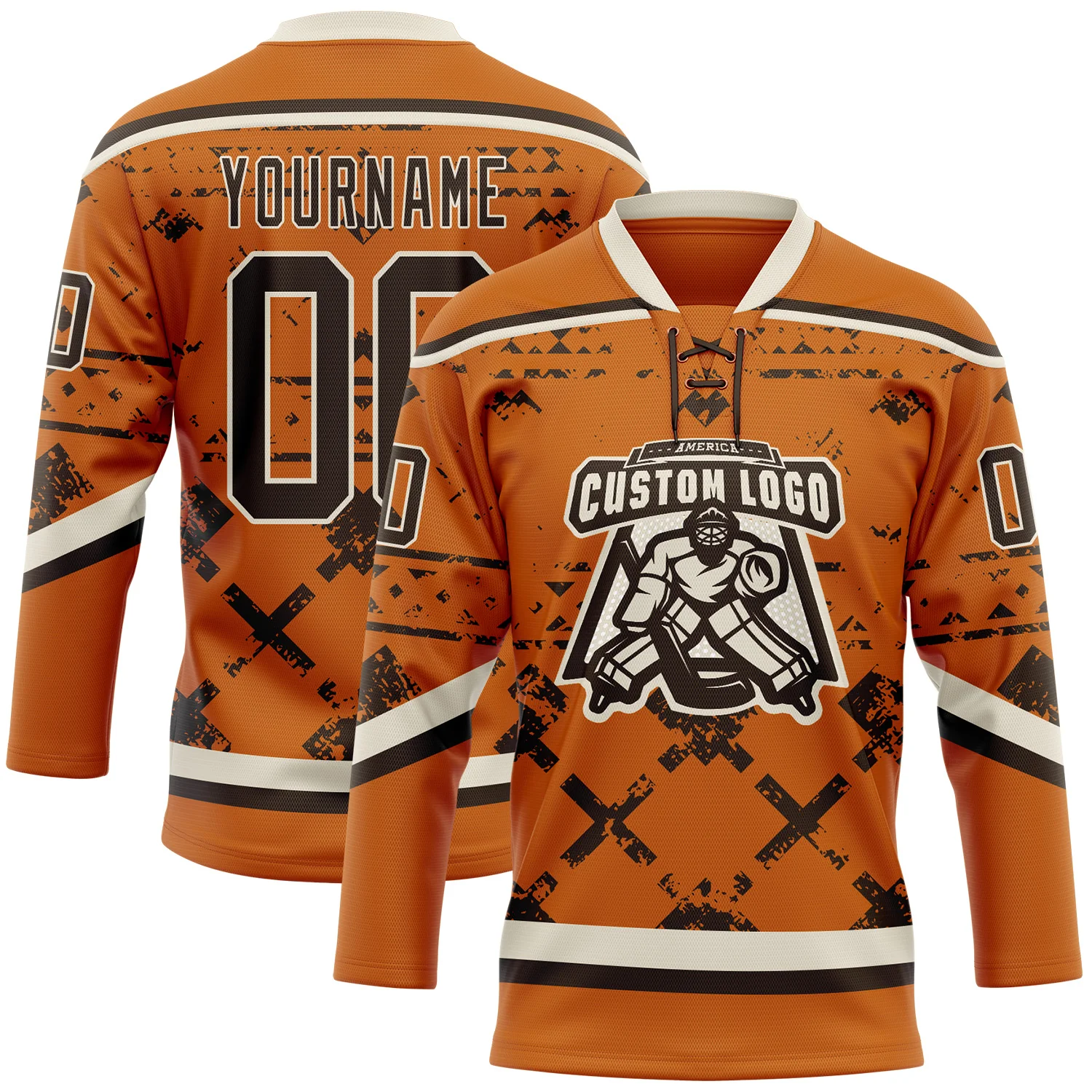Custom Texas Orange Brown-Cream 3D Pattern Tribal Indigenous Grunge Splash Hockey Lace Neck Jersey