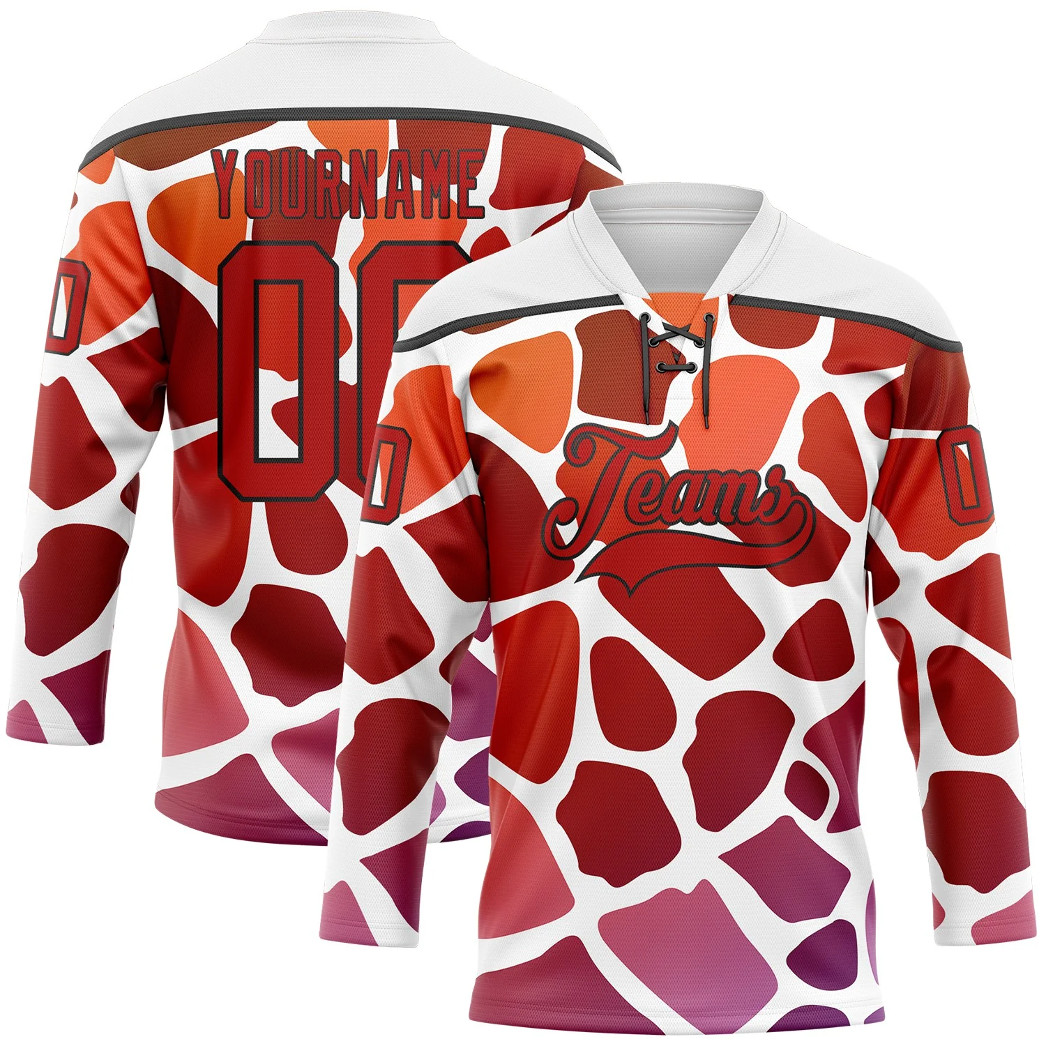 Custom White Red-Black 3D Pattern Gradient Giraffe Print Neon Hockey Lace Neck Jersey