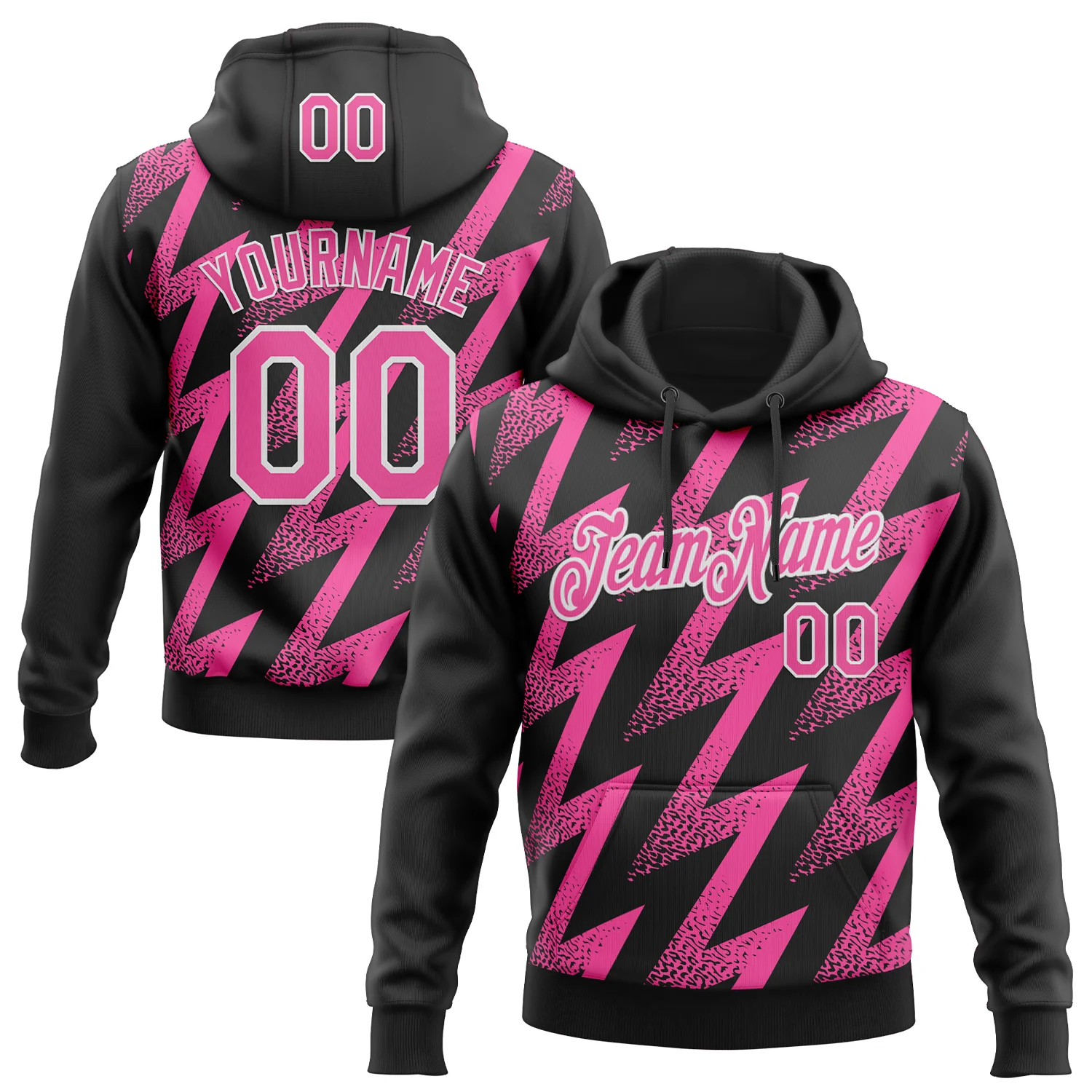 Custom Stitched Black Pink-White 3D Pattern Design Zigzag Shape Sports Pullover Sweatshirt Hoodie