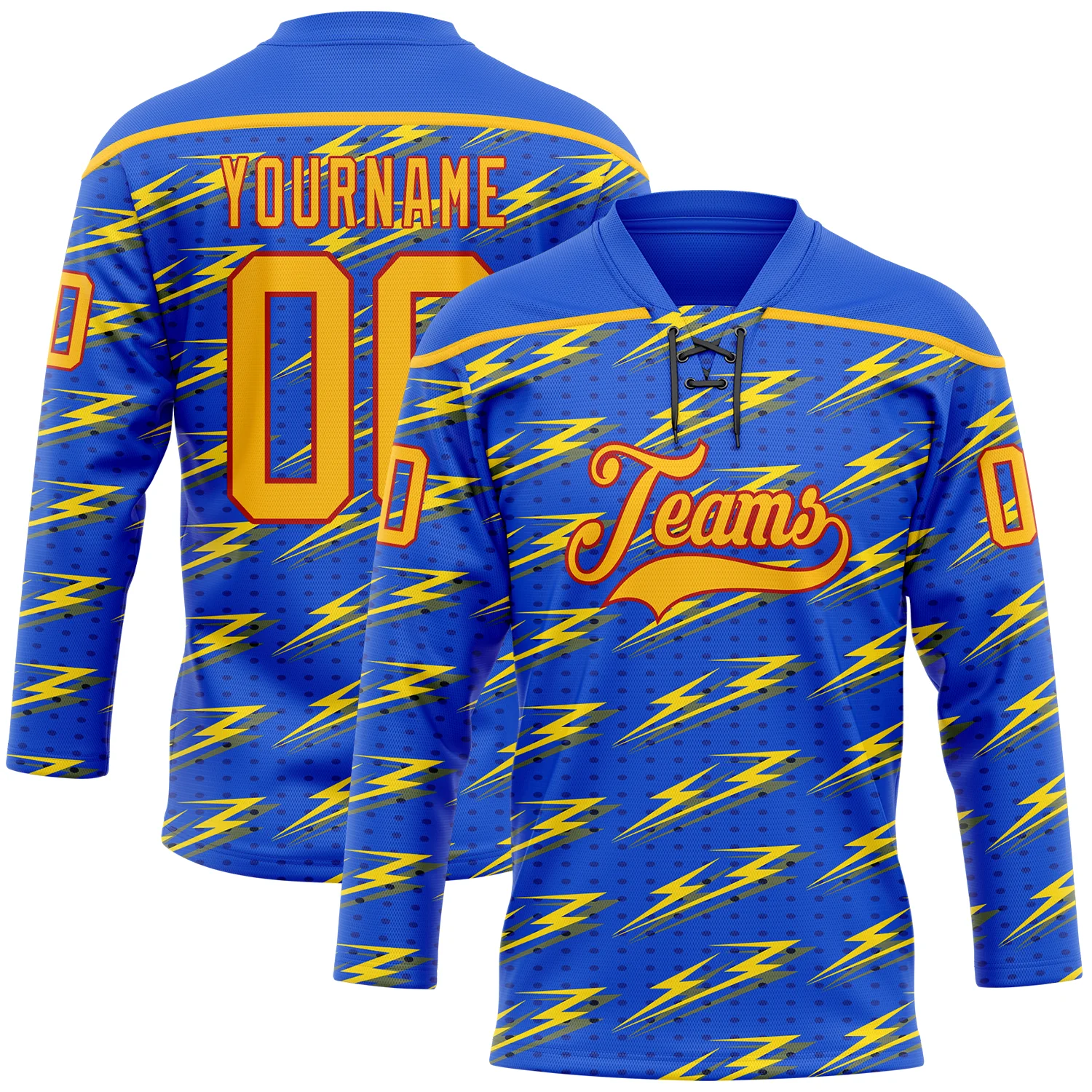 Custom Thunder Blue Gold-Red 3D Pattern Lightning Hockey Lace Neck Jersey