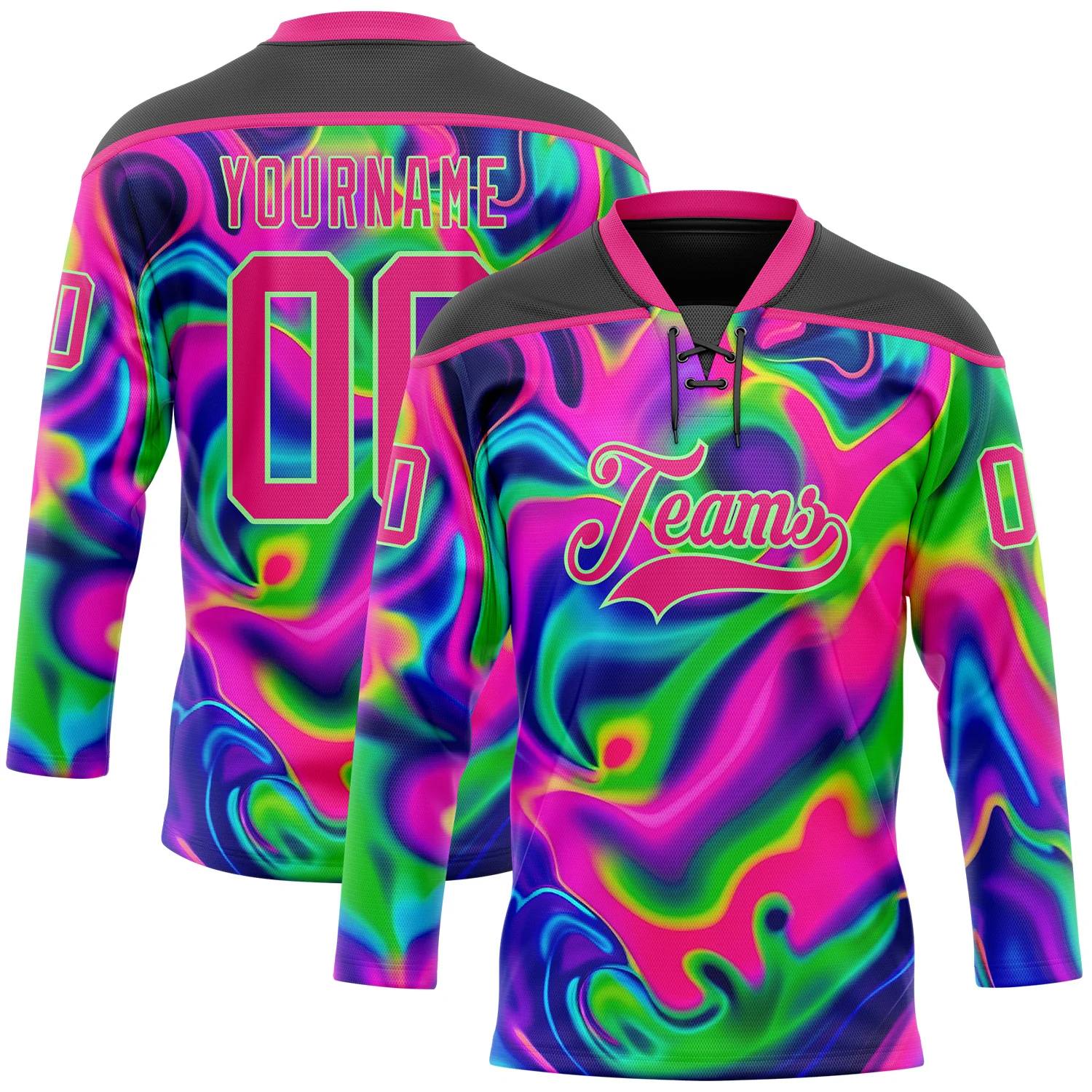Custom Black Hot Pink-Pea Green 3D Pattern Trippy Psychedelic Neon Trendy Holographic Vaporwave Style Hockey Lace Neck Jersey
