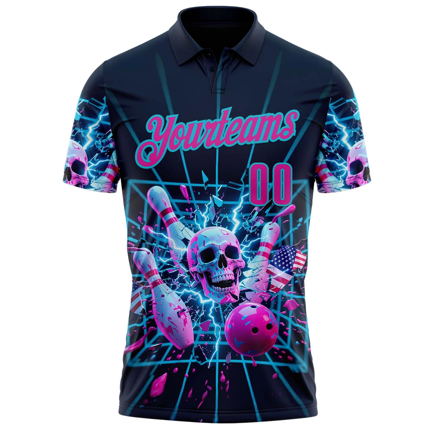 Custom Navy Deep Pink-Lakes Blue 3D American Flag Splash Lightning Skull Bowling Performance Polo Shirt