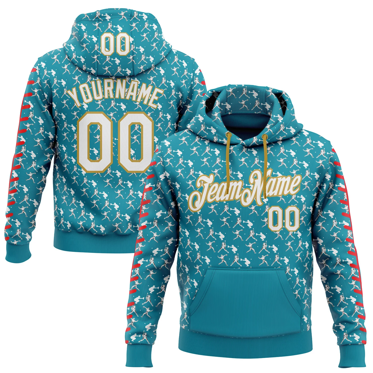 Custom Stitched Teal White Red-Old Gold 3D Pattern Design Baseball Game Day Jacksonville Inspired Sports Pullover Sweatshirt Hoodie