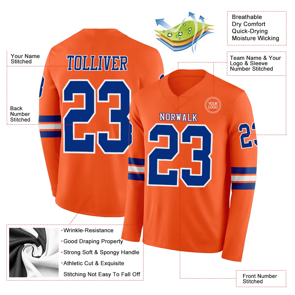 Custom Orange Royal-White Long Sleeve Authentic Football Jersey