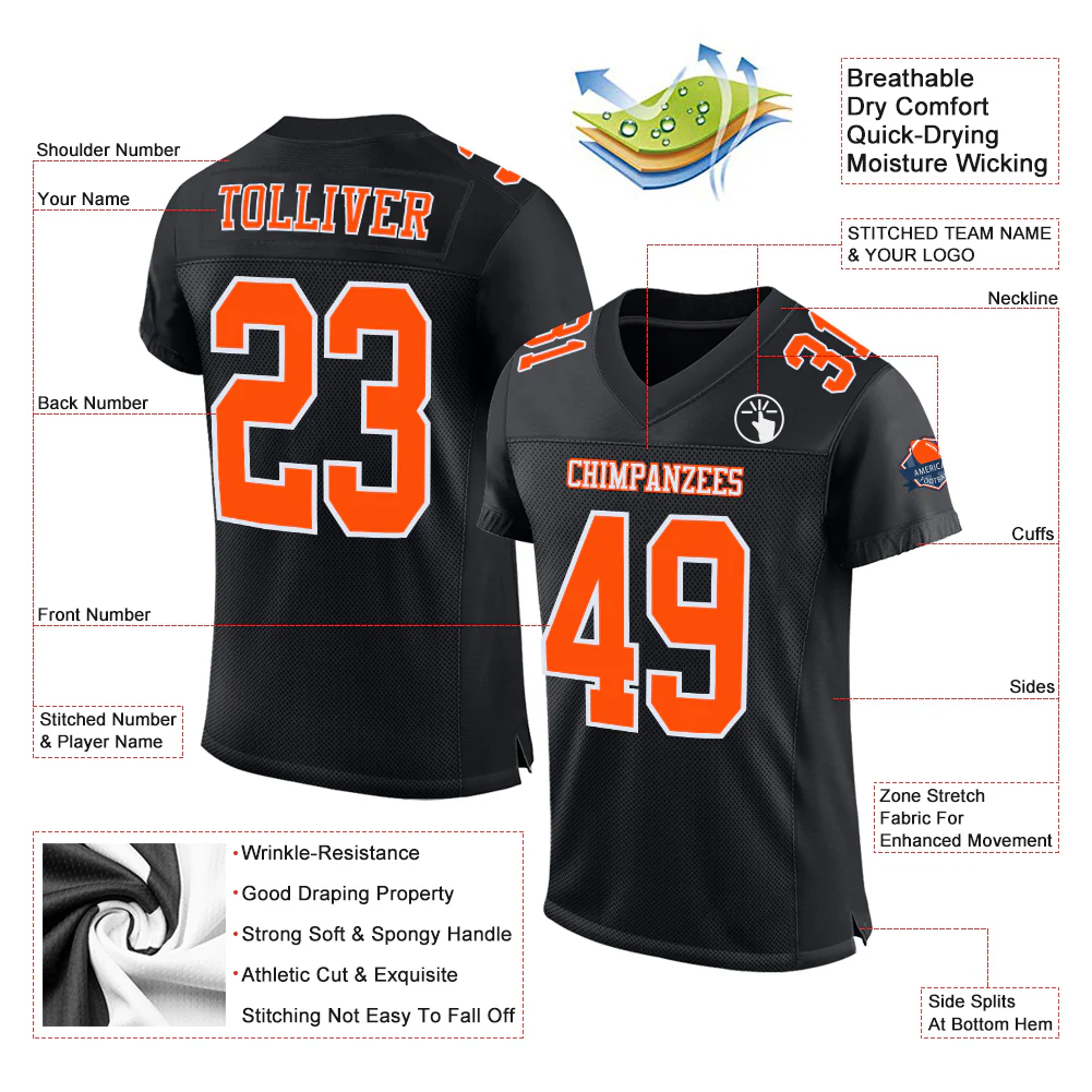 Custom Black Orange-White Mesh Authentic Football Jersey