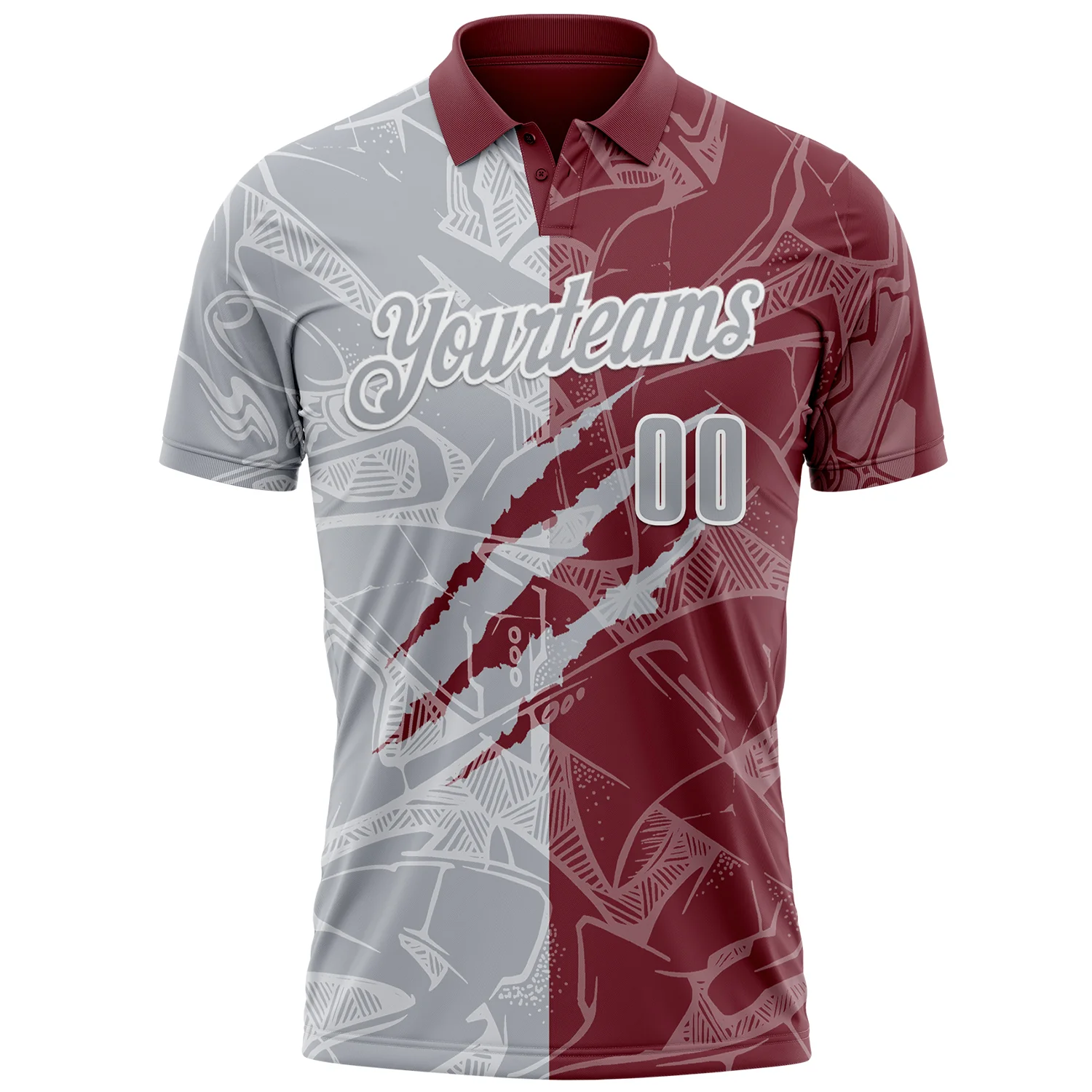 Custom Graffiti Pattern Gray Burgundy-White 3D Scratch Performance Polo Shirt