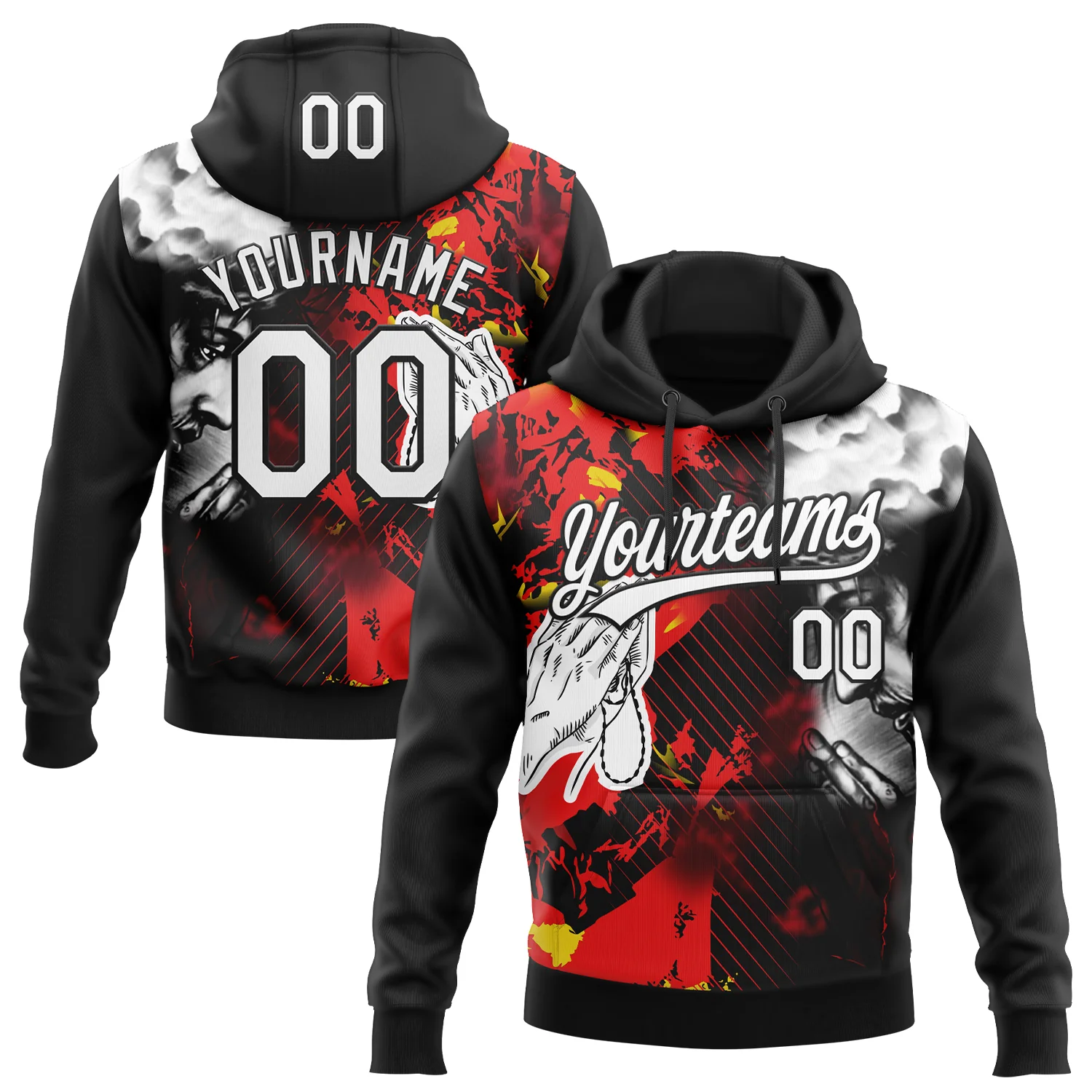 Custom Stitched Black White-Fire Red 3D Pattern Design Religion Praying Hands Pullover Sweatshirt Hoodie
