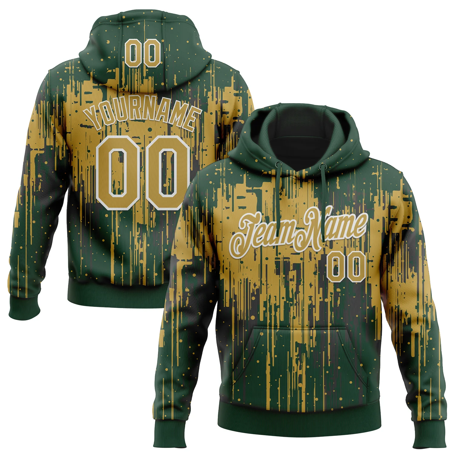 Custom Stitched Green Old Gold-White 3D Pattern Design Dripping Splatter Sports Pullover Sweatshirt Hoodie