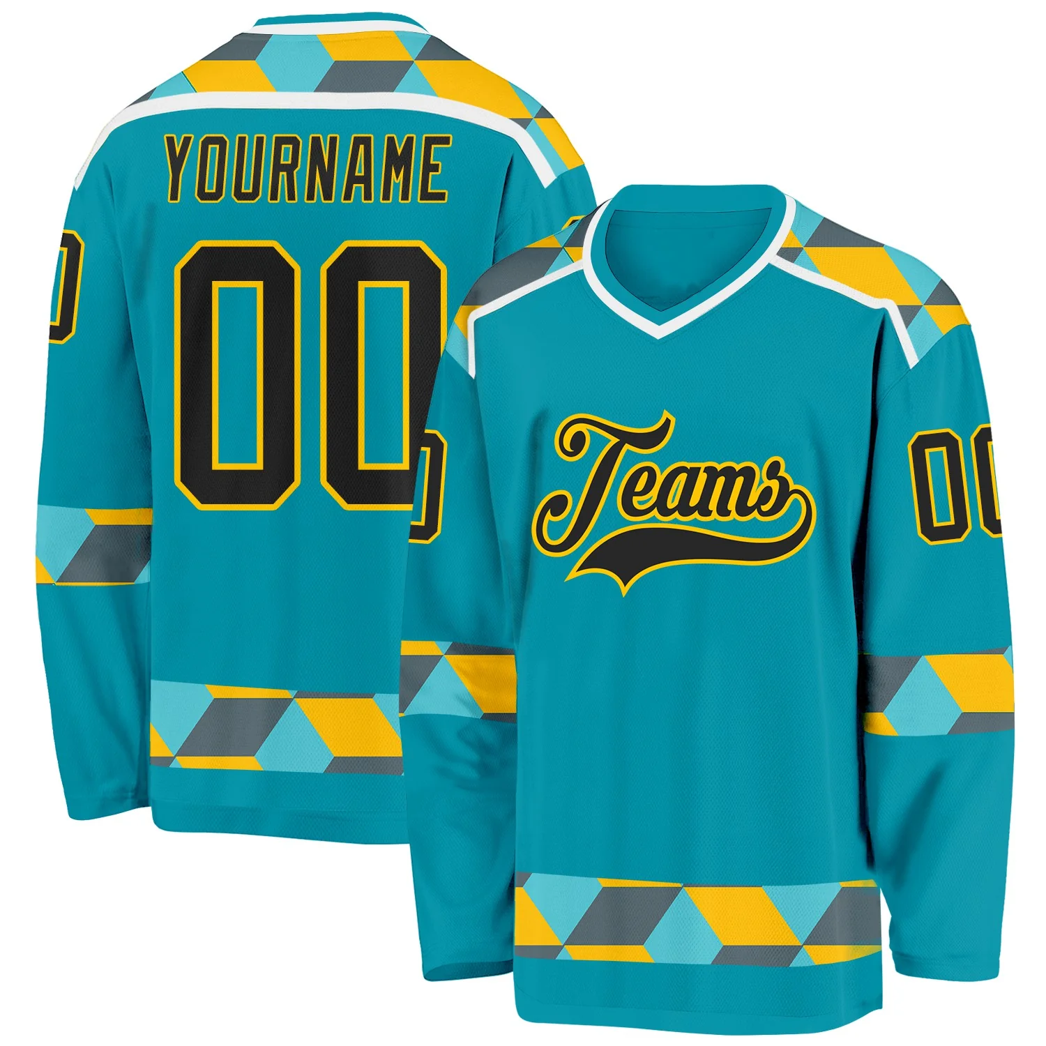 Custom Teal Black Yellow Gray-White 3D Pattern Plaid Hockey Jersey