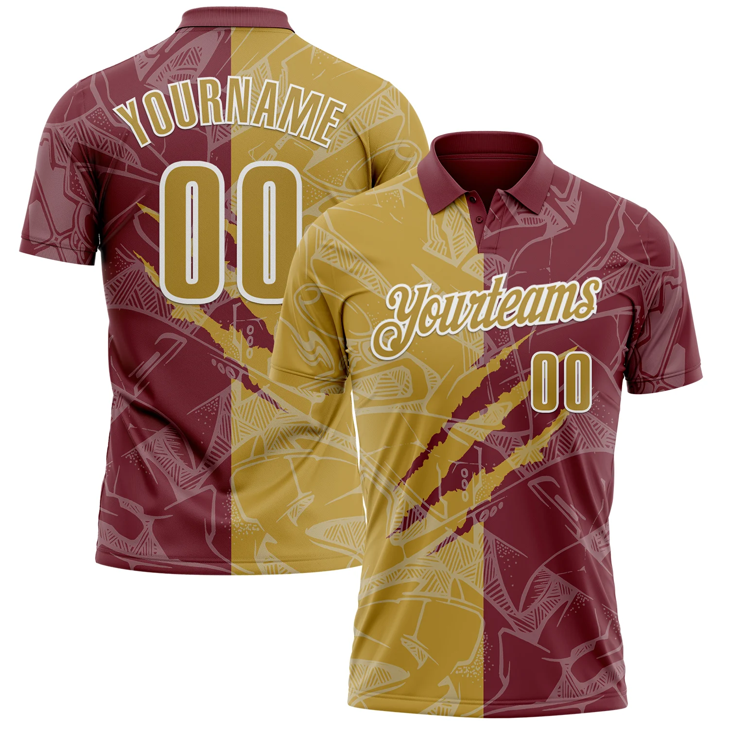 Custom Graffiti Pattern Old Gold Burgundy-White 3D Scratch Performance Polo Shirt