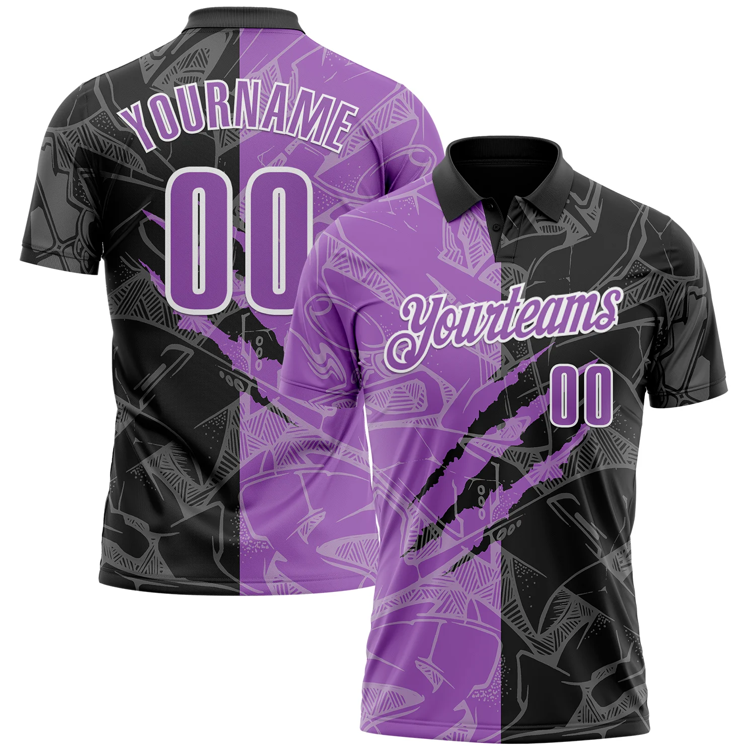 Custom Graffiti Pattern Medium Purple Black-White 3D Scratch Performance Polo Shirt