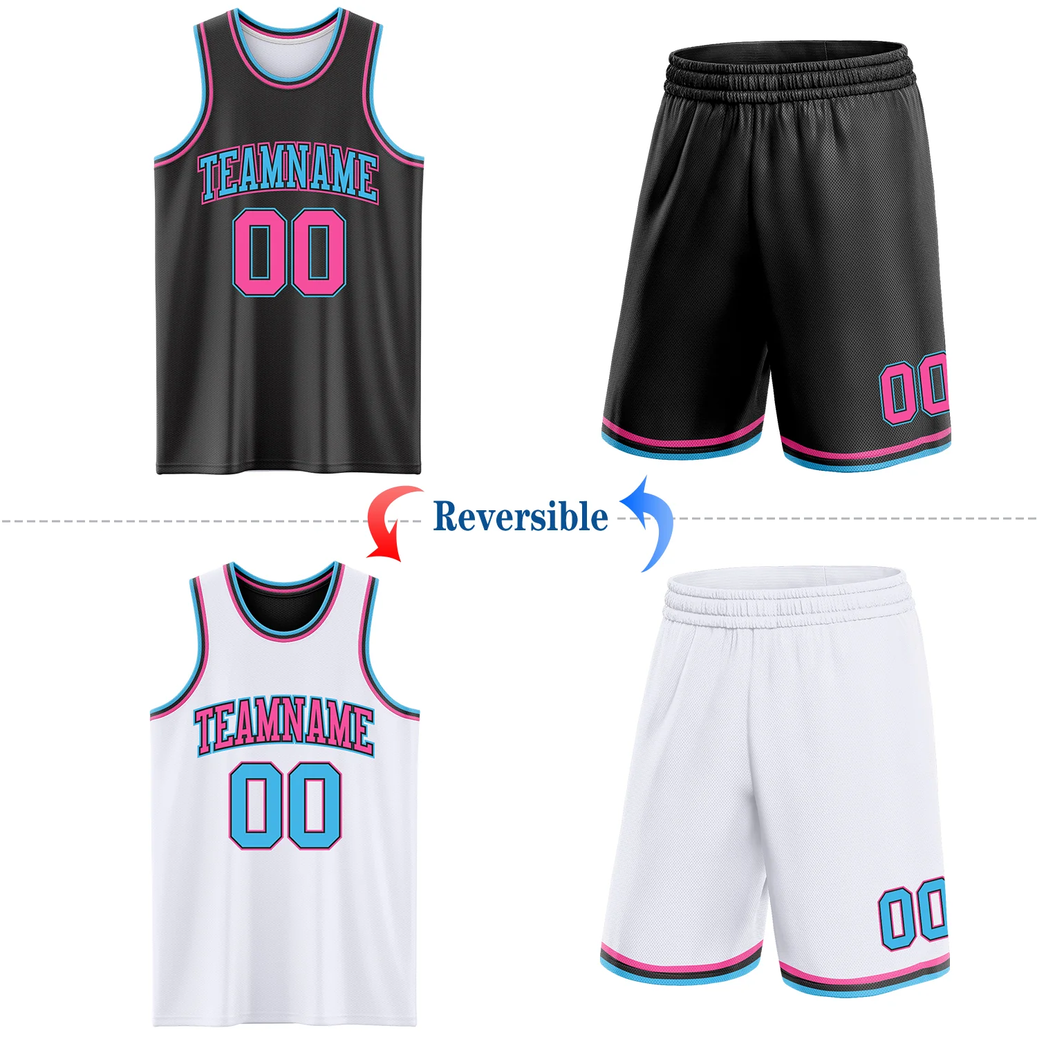 Custom Reversible Black Pink-Sky Blue Double Side Sublimation Basketball Suit Jersey