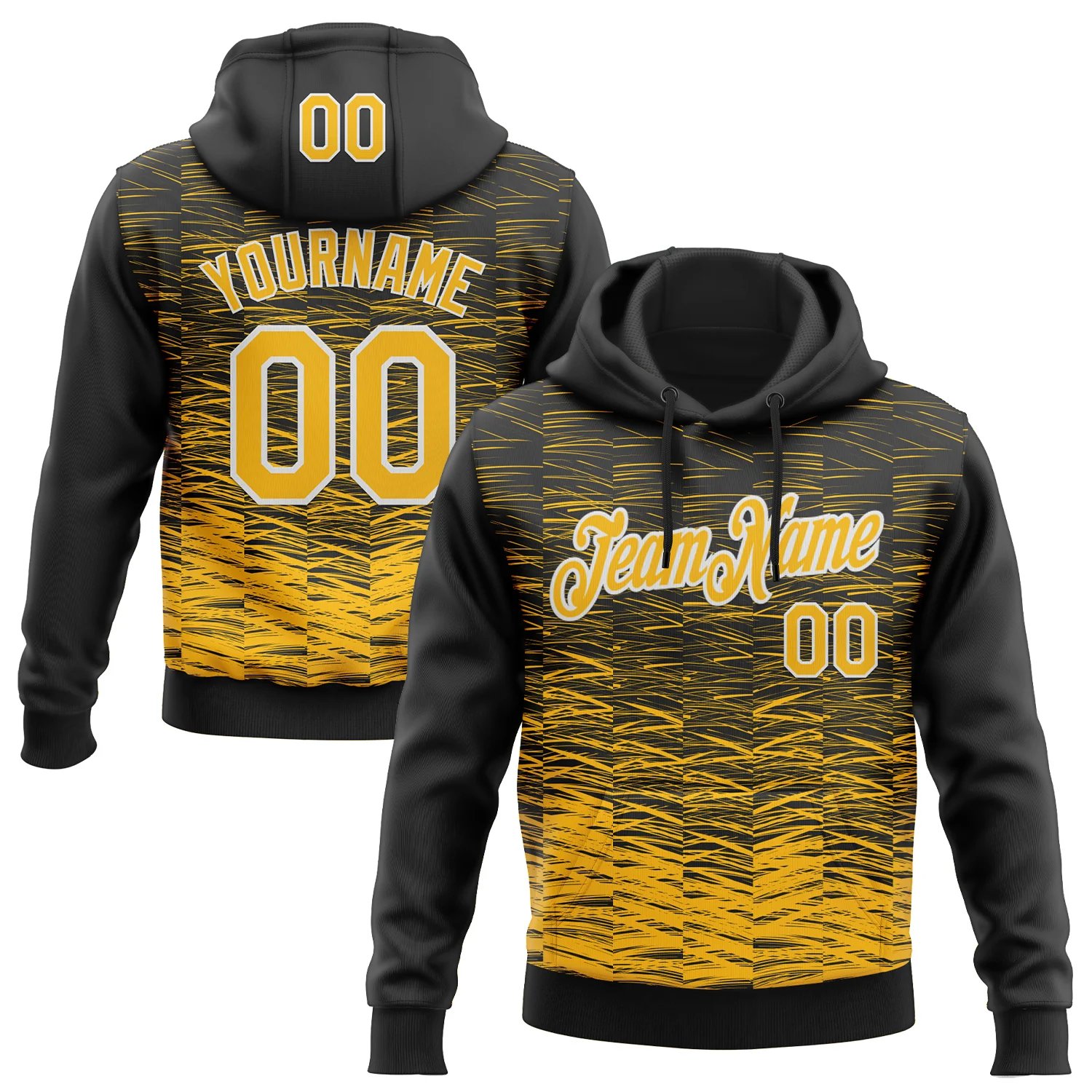 Custom Stitched Black Gold-White 3D Pattern Design Line Sports Pullover Sweatshirt Hoodie