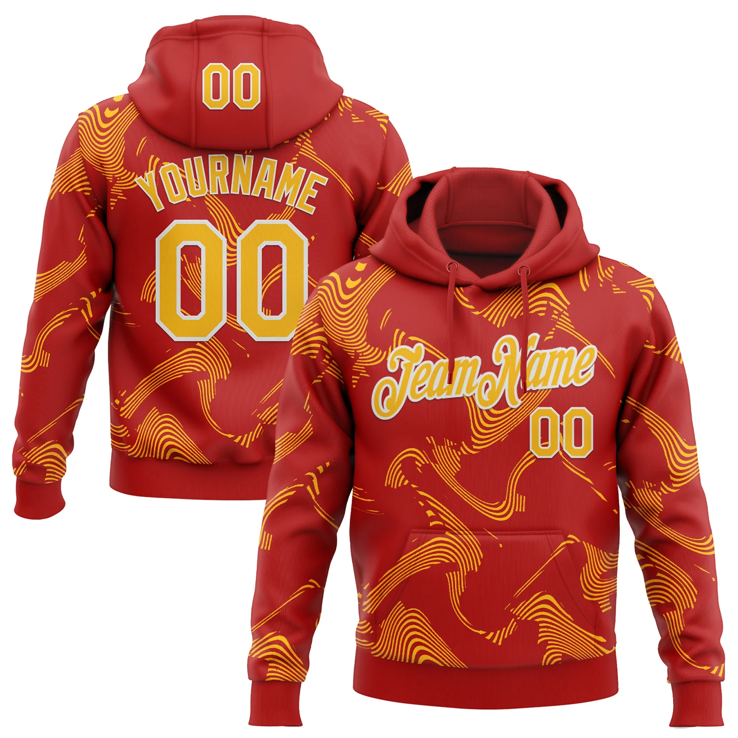 Custom Stitched Red Gold-White 3D Pattern Design Curve Lines Sports Pullover Sweatshirt Hoodie
