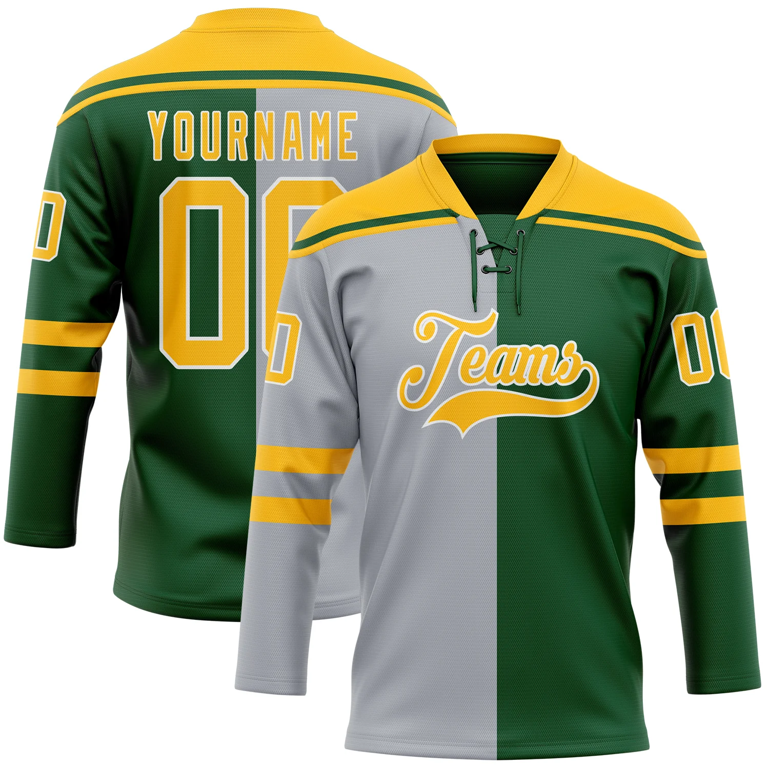 Custom Green Gold Gray-White Split Fashion Hockey Lace Neck Jersey