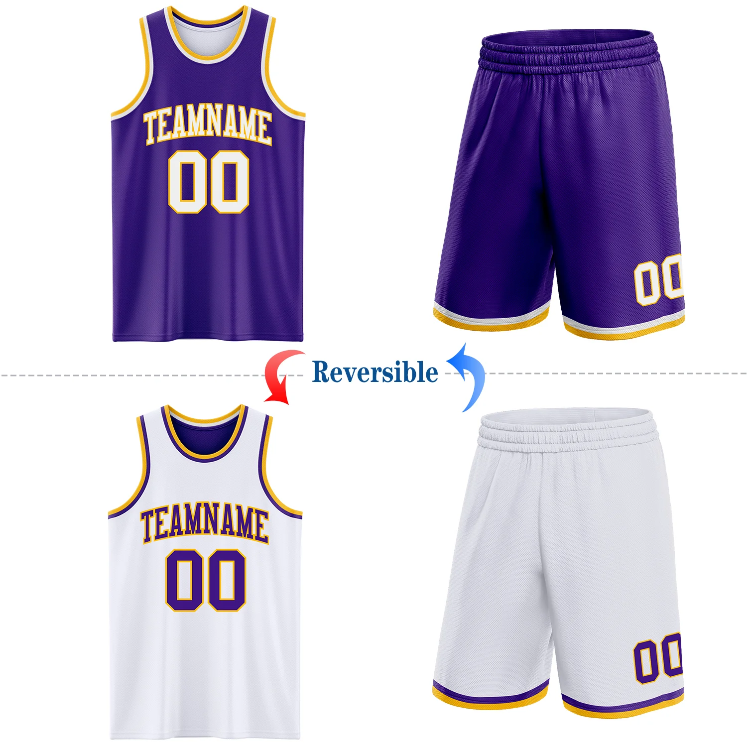 Custom Purple White-Gold Reversible Double Side Sublimation Basketball Suit Jersey