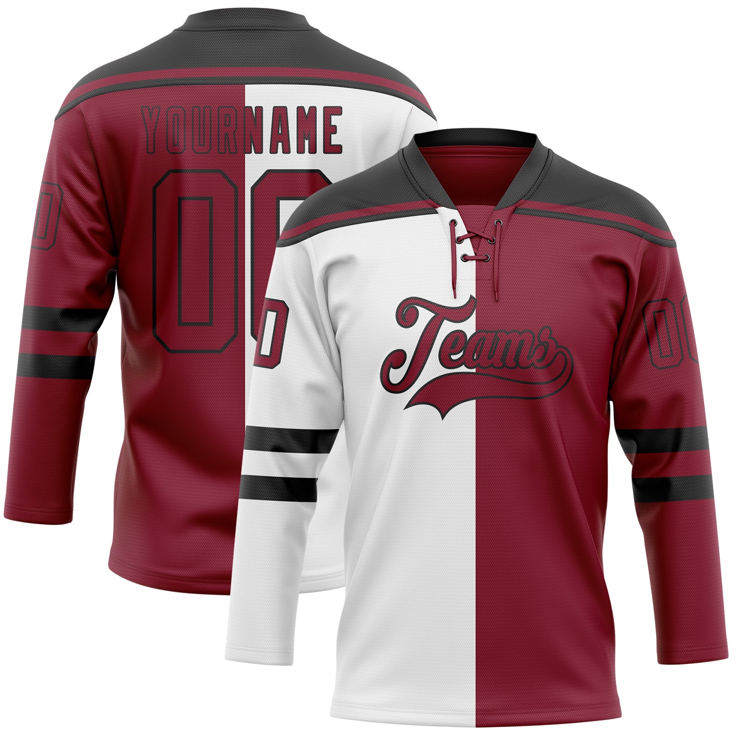 Custom Crimson Black-White Split Fashion Hockey Lace Neck Jersey