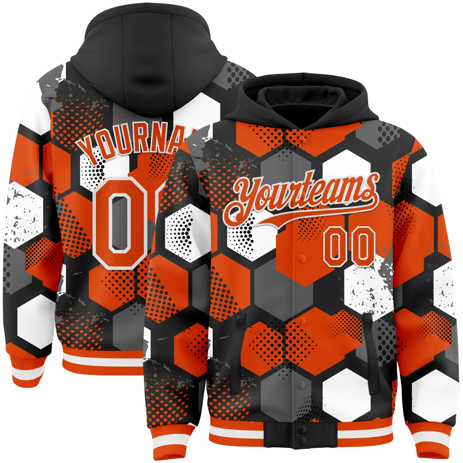 Custom Black Orange-White Geometric Shape 3D Pattern Design Bomber Full-Snap Varsity Letterman Hoodie Jacket