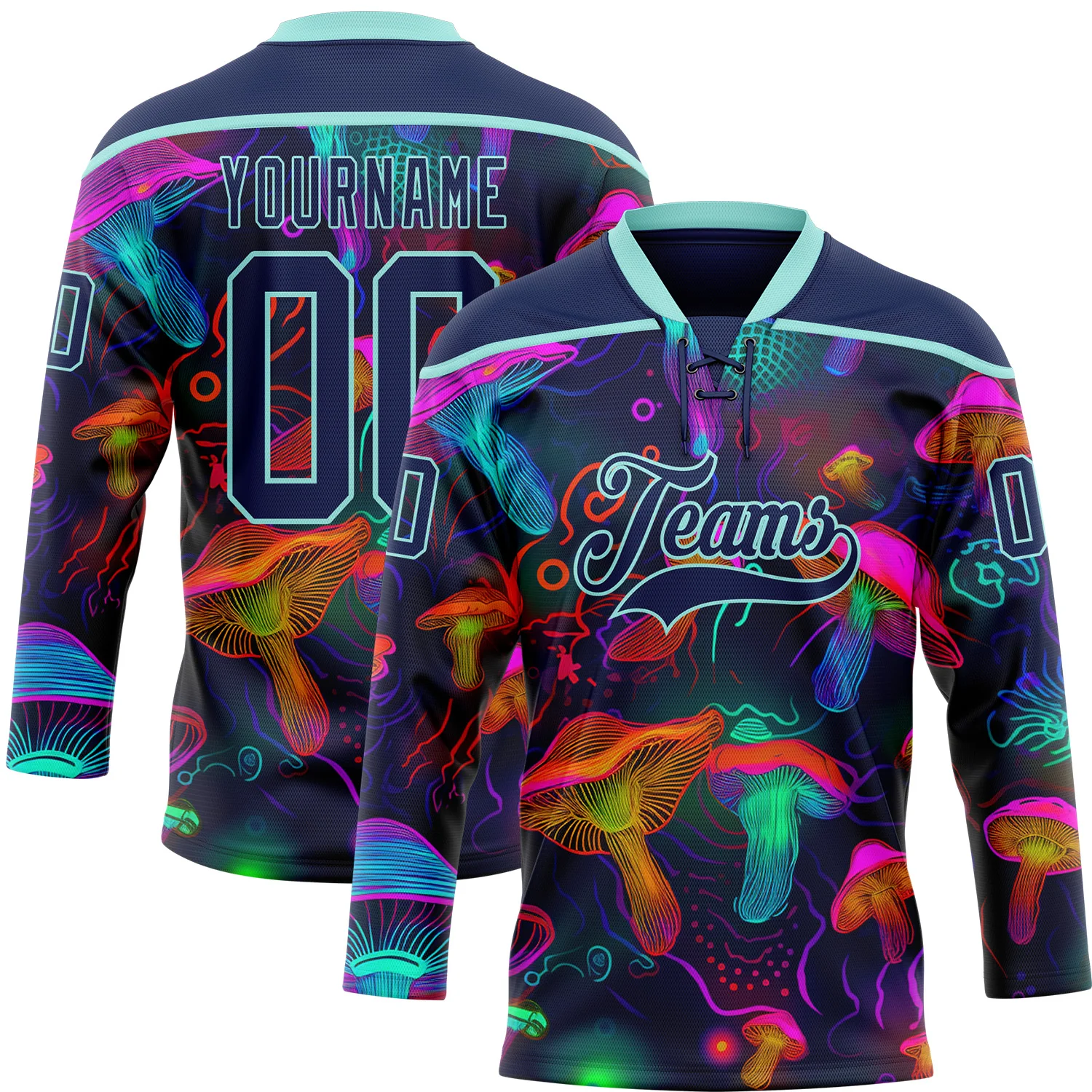 Custom Navy Ice Blue Yellow-Pink 3D Pattern Trippy Psychedelic Magic Mushrooms Hockey Lace Neck Jersey