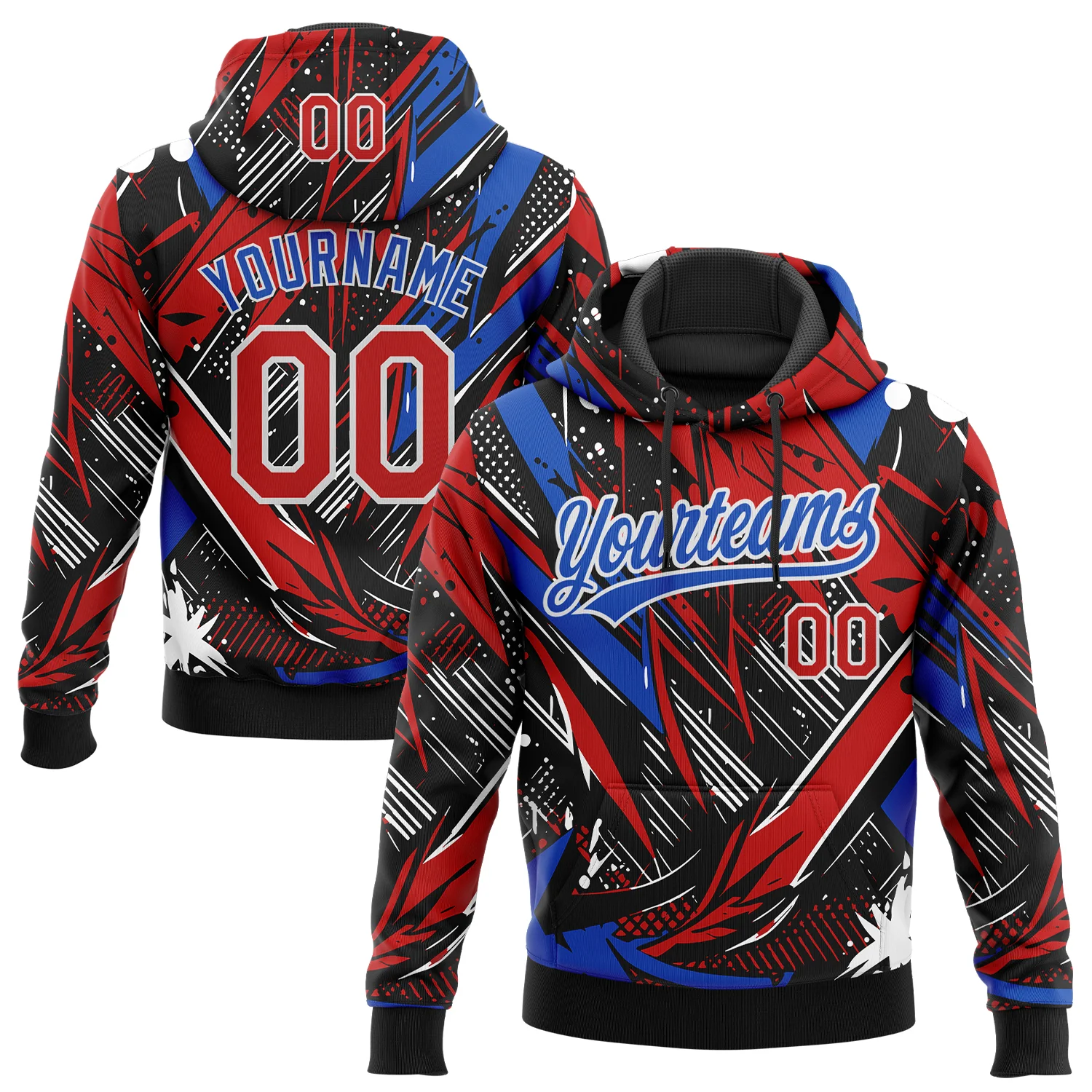 Custom Stitched Graffiti Pattern Red Thunder Blue-White 3D Abstract Splatter Sports Pullover Sweatshirt Hoodie