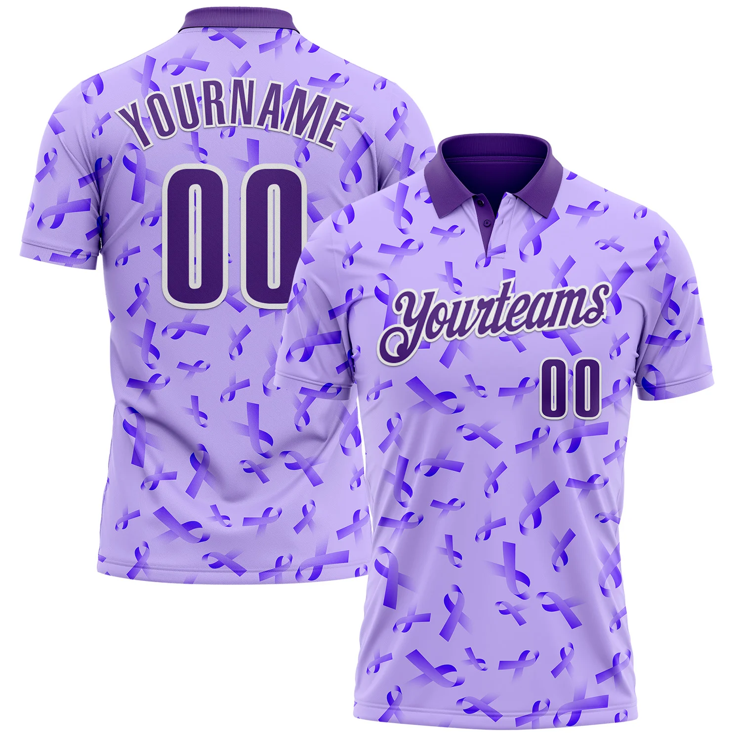 Custom Purple White 3D Pattern Design Purple Ribbon Gynecological Cancer Awareness Performance Polo Shirt