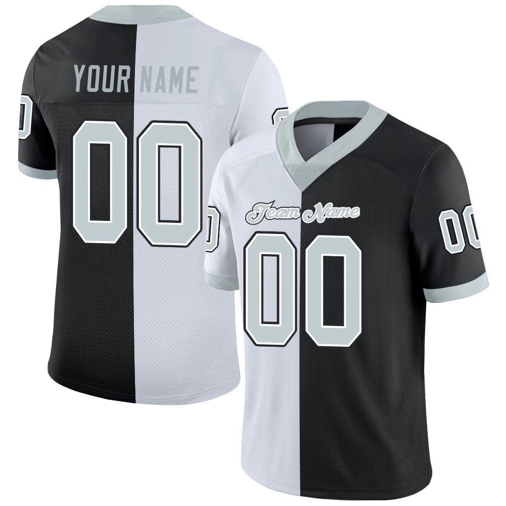 Custom Black Silver-White Split Fashion Football Jersey