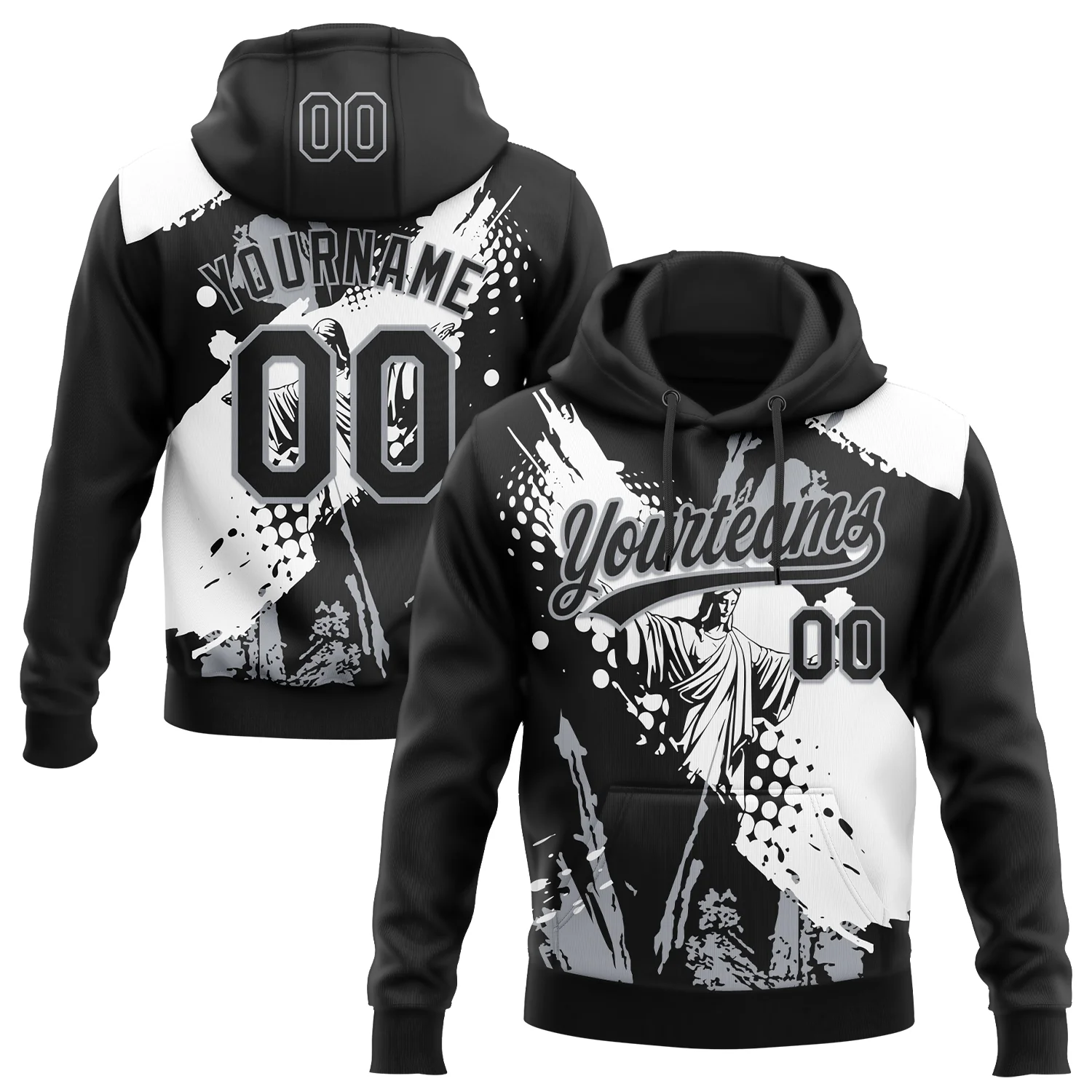 Custom Stitched Black White-Gray 3D Pattern Design Religion Jesus Christ Pullover Sweatshirt Hoodie