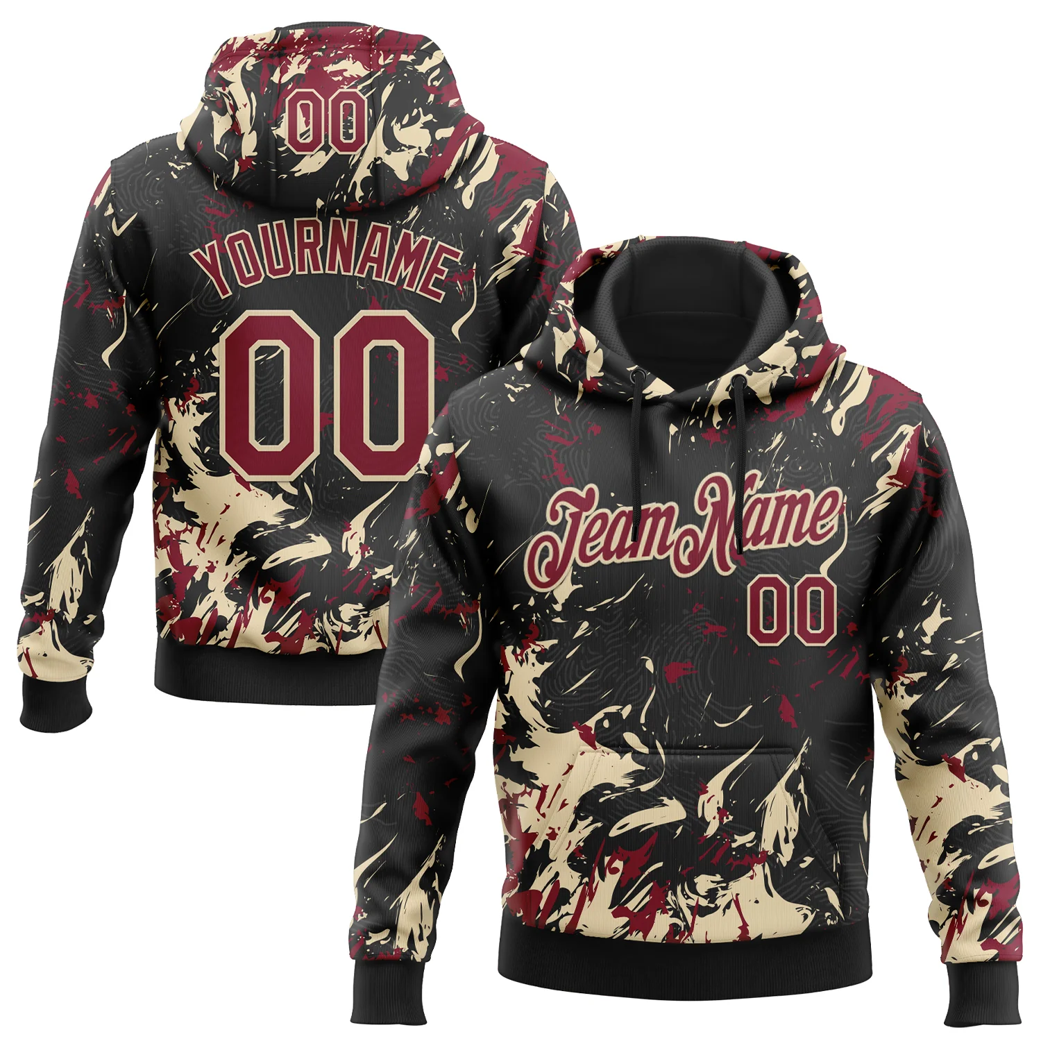 Custom Stitched Black Crimson-Cream 3D Pattern Design Splash Sports Pullover Sweatshirt Hoodie