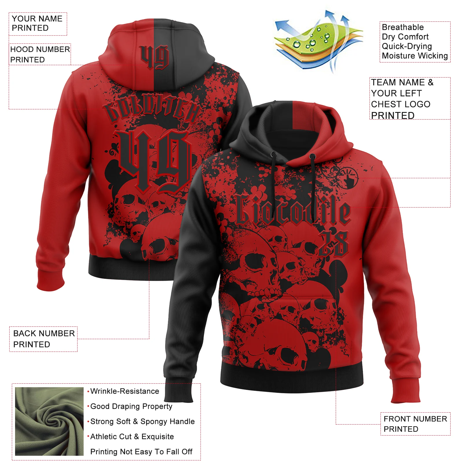 Custom Red Black 3D Skull Gothic Splash Vintage Grunge Art Sports Pullover Sweatshirt Hoodie