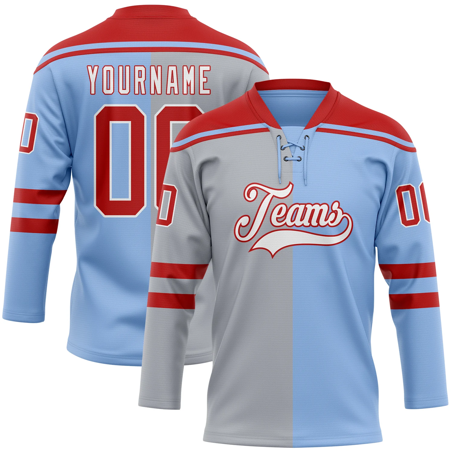 Custom Light Blue Red Gray-White Split Fashion Hockey Lace Neck Jersey