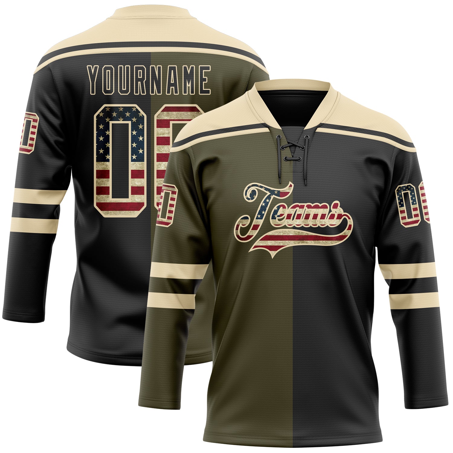 Custom Black Vintage USA Flag Olive-Cream Split Fashion Hockey Lace Neck Jersey