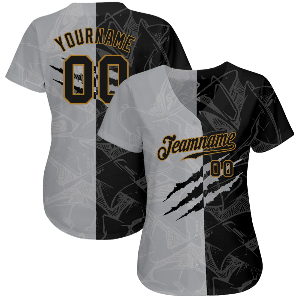 Custom Graffiti Pattern Black-Old Gold 3D Authentic Baseball Jersey