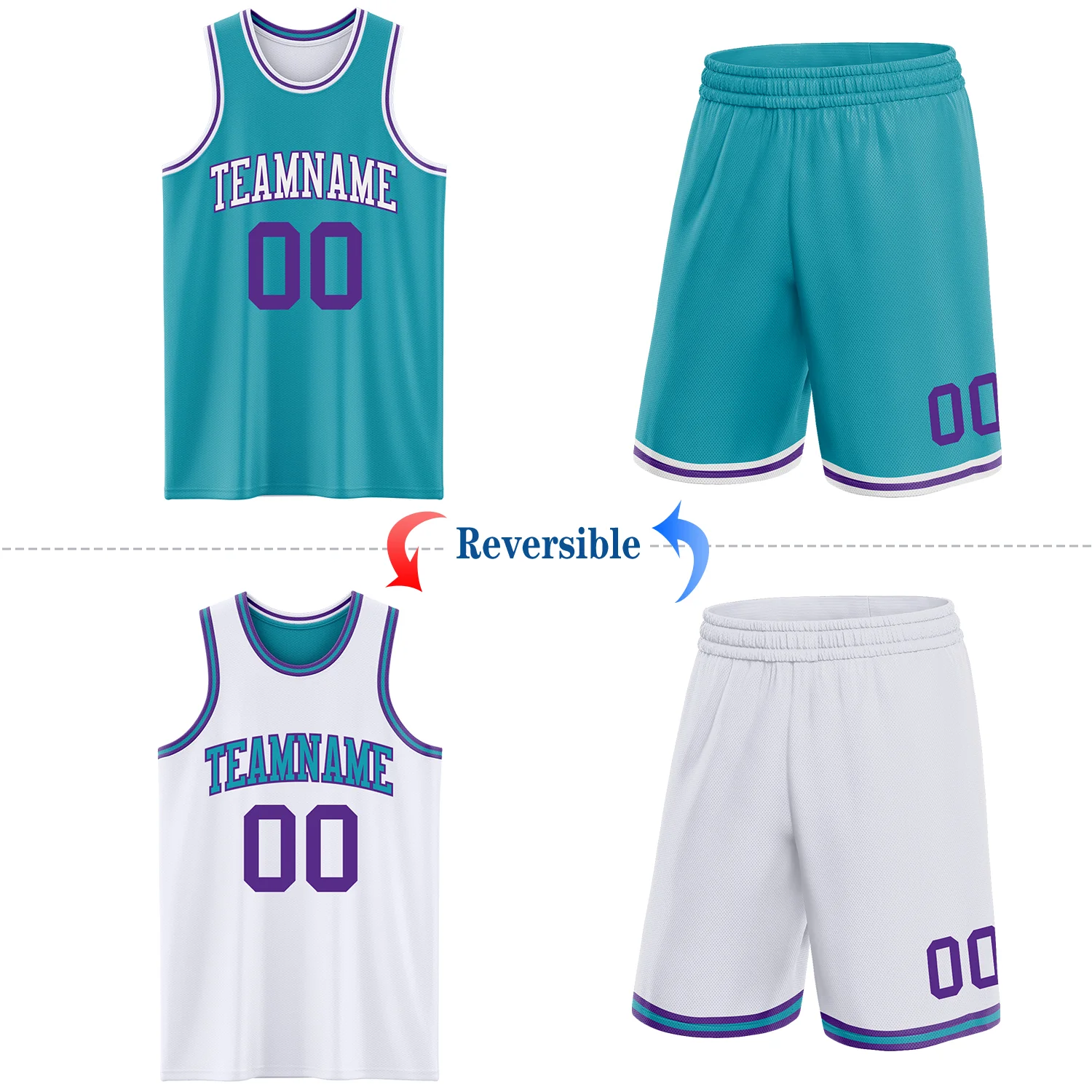 Custom Reversible Teal Purple-White Double Side Sublimation Basketball Suit Jersey