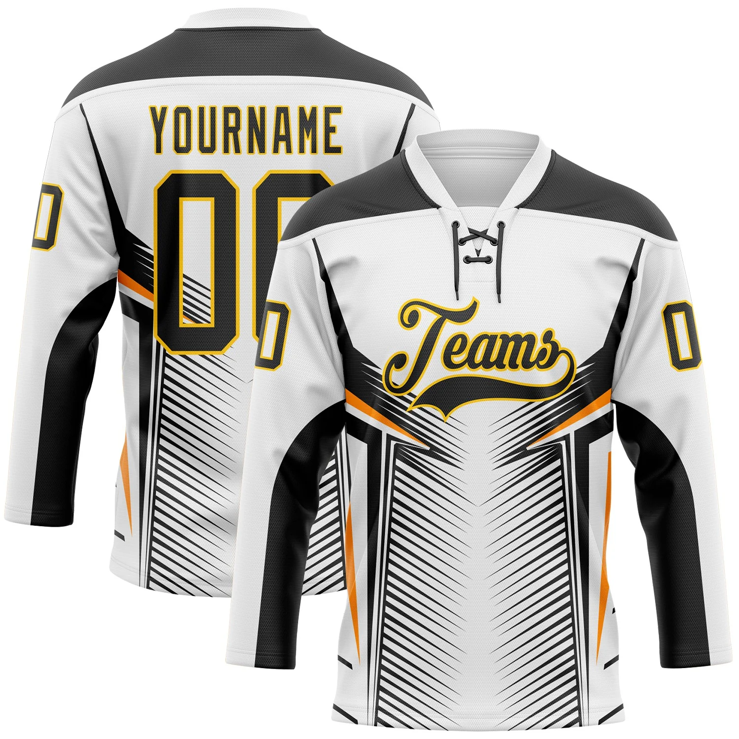Custom White Black Yellow-Orange 3D Abstract Pattern Graphic Cyber Mecha E-sport Hockey Lace Neck Jersey