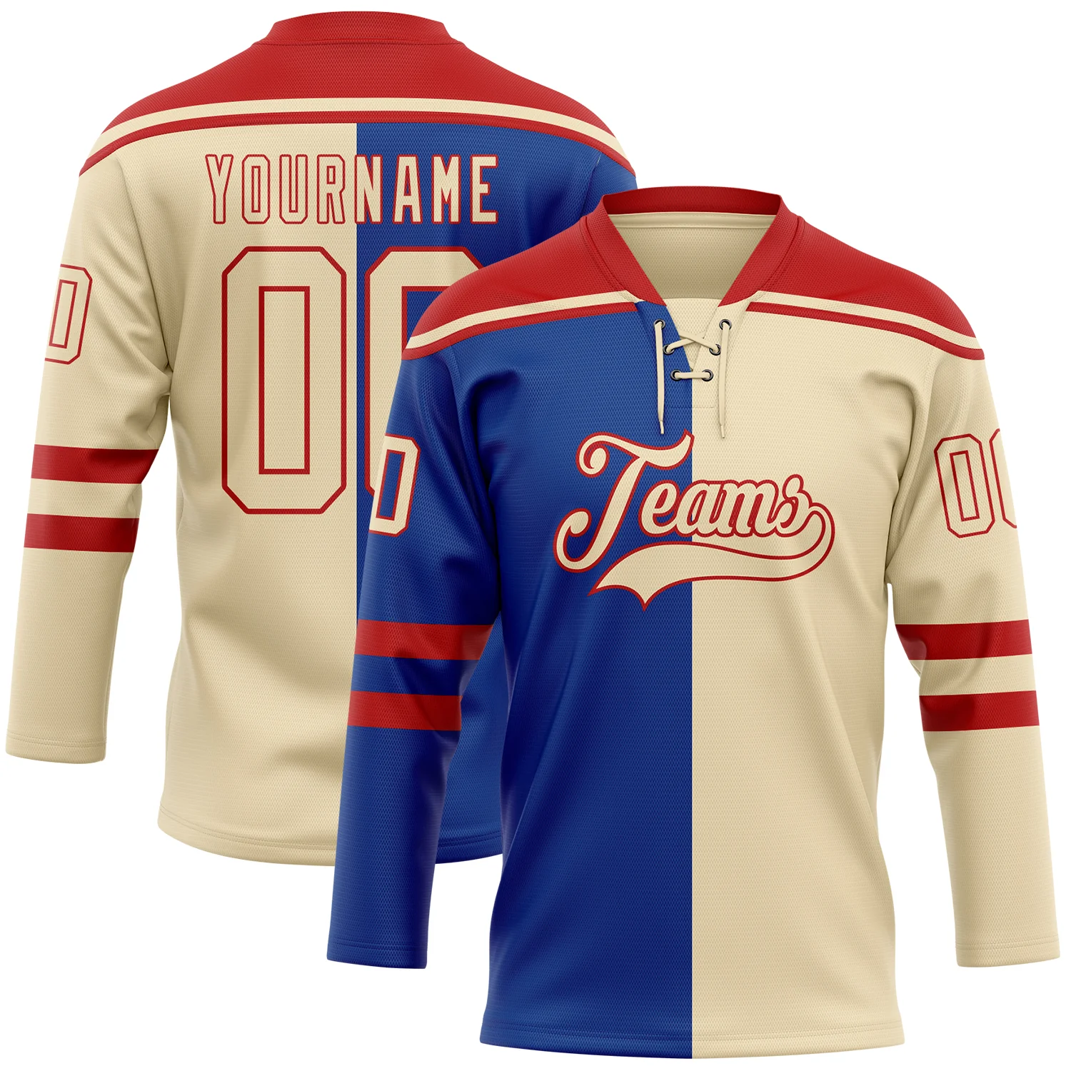 Custom Cream Royal-Red Split Fashion Hockey Lace Neck Jersey