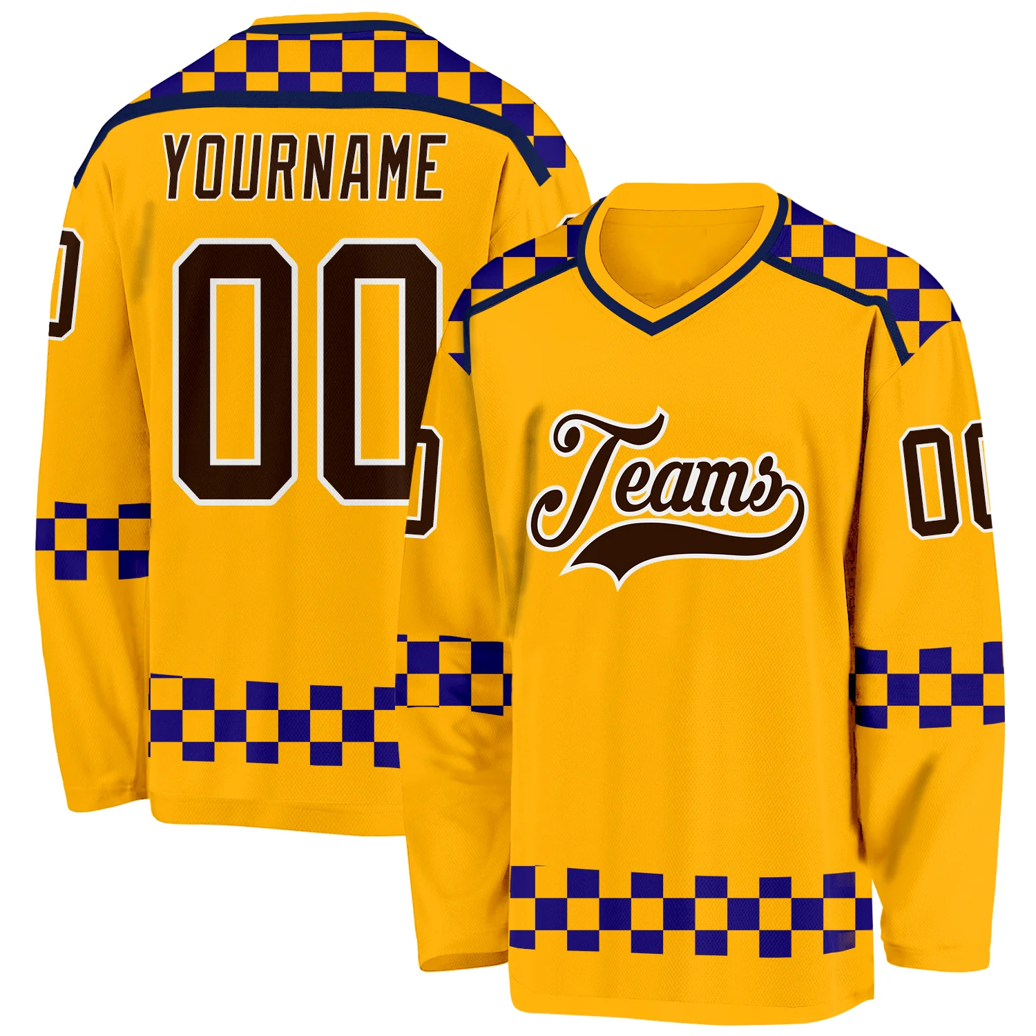 Custom Gold Brown Purple Navy-White 3D Pattern Plaid Hockey Jersey