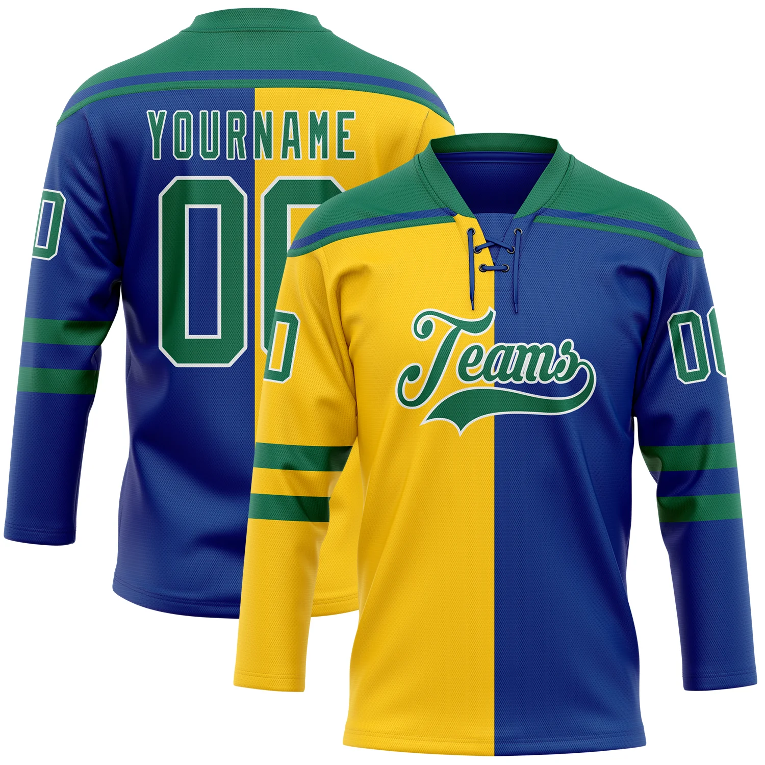Custom Royal Kelly Green Yellow-White Split Fashion Hockey Lace Neck Jersey